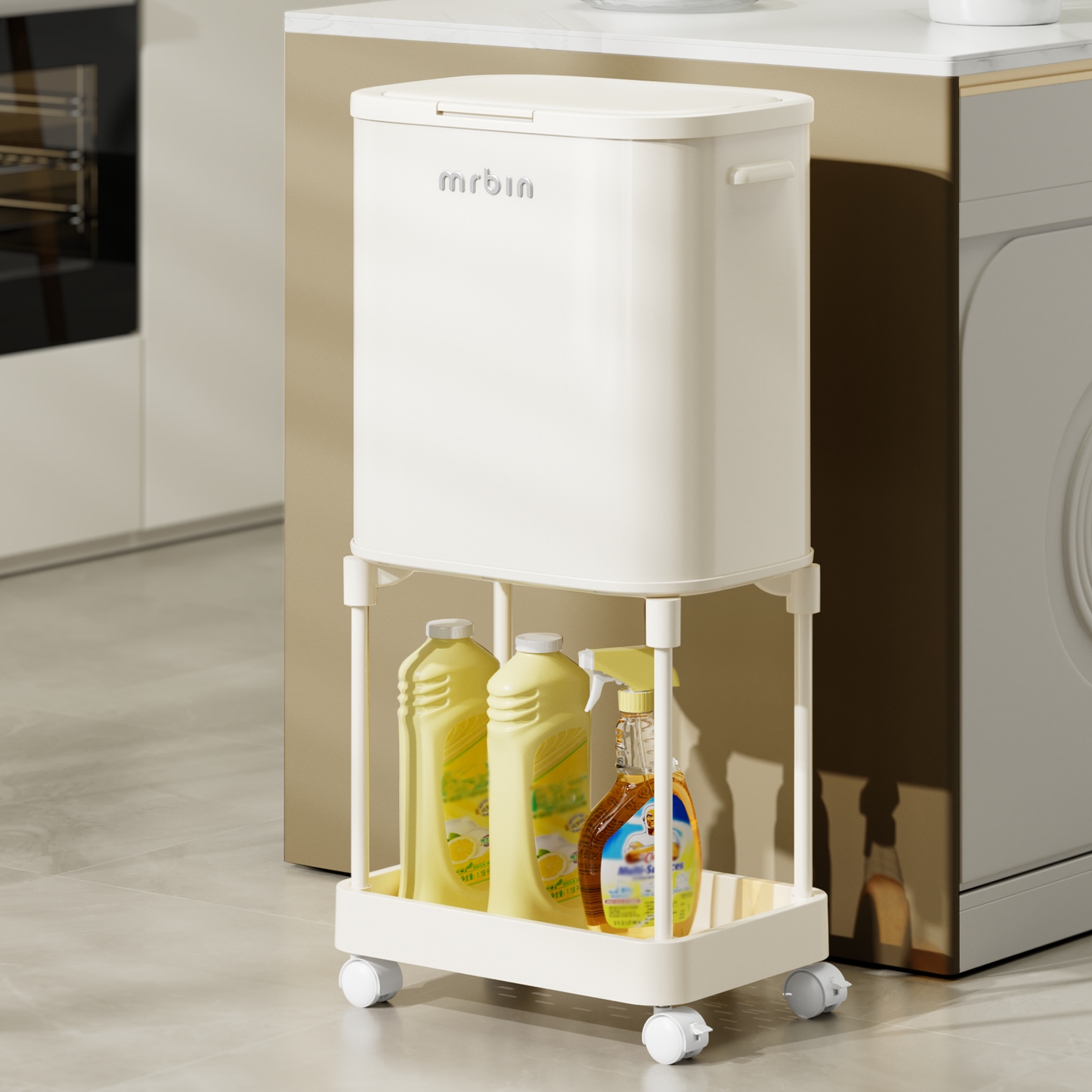 Metal Dual Compartment Kitchen Trash Can with Shelf and Wheels, High Legs 36L / 9.5gal Pet Proof Slim Press Recycle Bin, Tall Lidded Commercial Waste Basket for Vanity, Bedroom, Bathroom, White