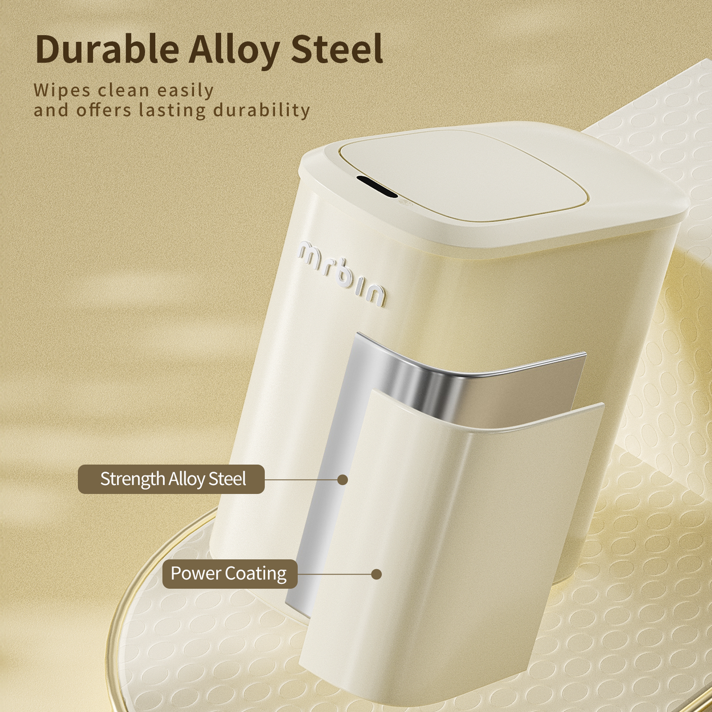 Metal Motion Sensor Bathroom Trash Can with Lid and Wheels, 10L/2.6gal Automatic Removable Slim Electric Narrow Waste Basket for Near Desk Office, Bedroom, Kitchen, Rv, White