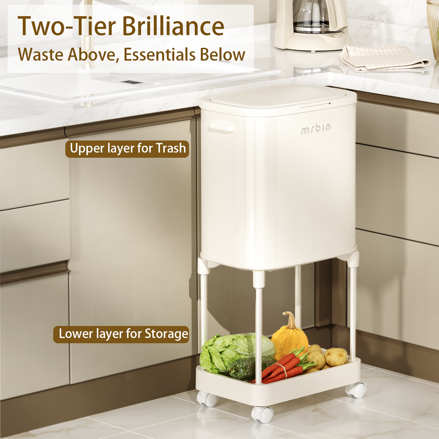 Metal Dual Compartment Kitchen Trash Can with Shelf and Wheels, High Legs 36L / 9.5gal Pet Proof Slim Press Recycle Bin, Tall Lidded Commercial Waste Basket for Vanity, Bedroom, Bathroom, White