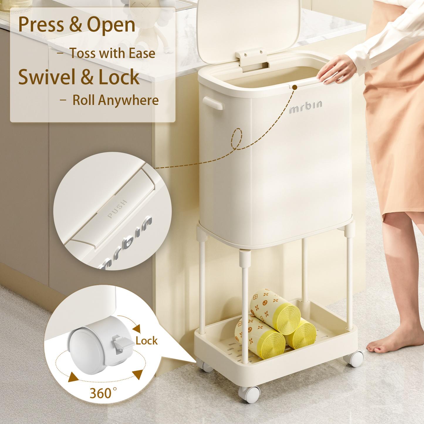 Metal Dual Compartment Kitchen Trash Can with Shelf and Wheels, High Legs 36L / 9.5gal Pet Proof Slim Press Recycle Bin, Tall Lidded Commercial Waste Basket for Vanity, Bedroom, Bathroom, White