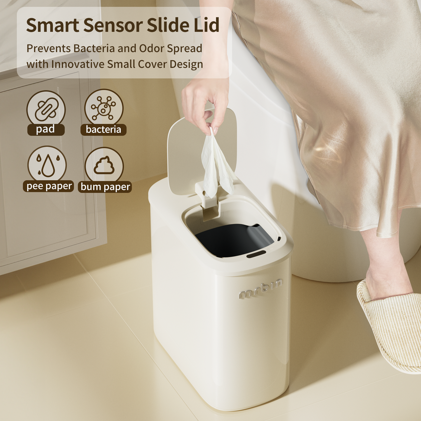 Metal Motion Sensor Bathroom Trash Can with Lid and Wheels, 10L/2.6gal Automatic Removable Slim Electric Narrow Waste Basket for Near Desk Office, Bedroom, Kitchen, Rv, White