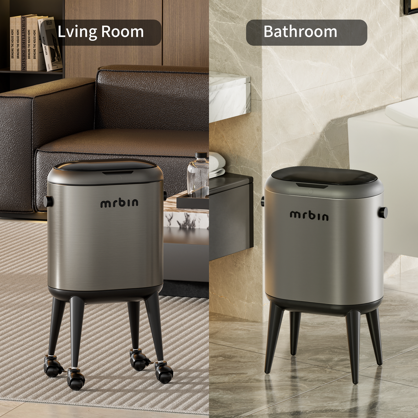 Stainless Steel Slim Bathroom Motion Sensor Trash Can with Lid and Wheels, 13L / 3.4gal Electric Touchless Toilet Waste Basket with Legs for Narrow Vanity, Rvs, Dorm, Kitchen, Eclipse Grey
