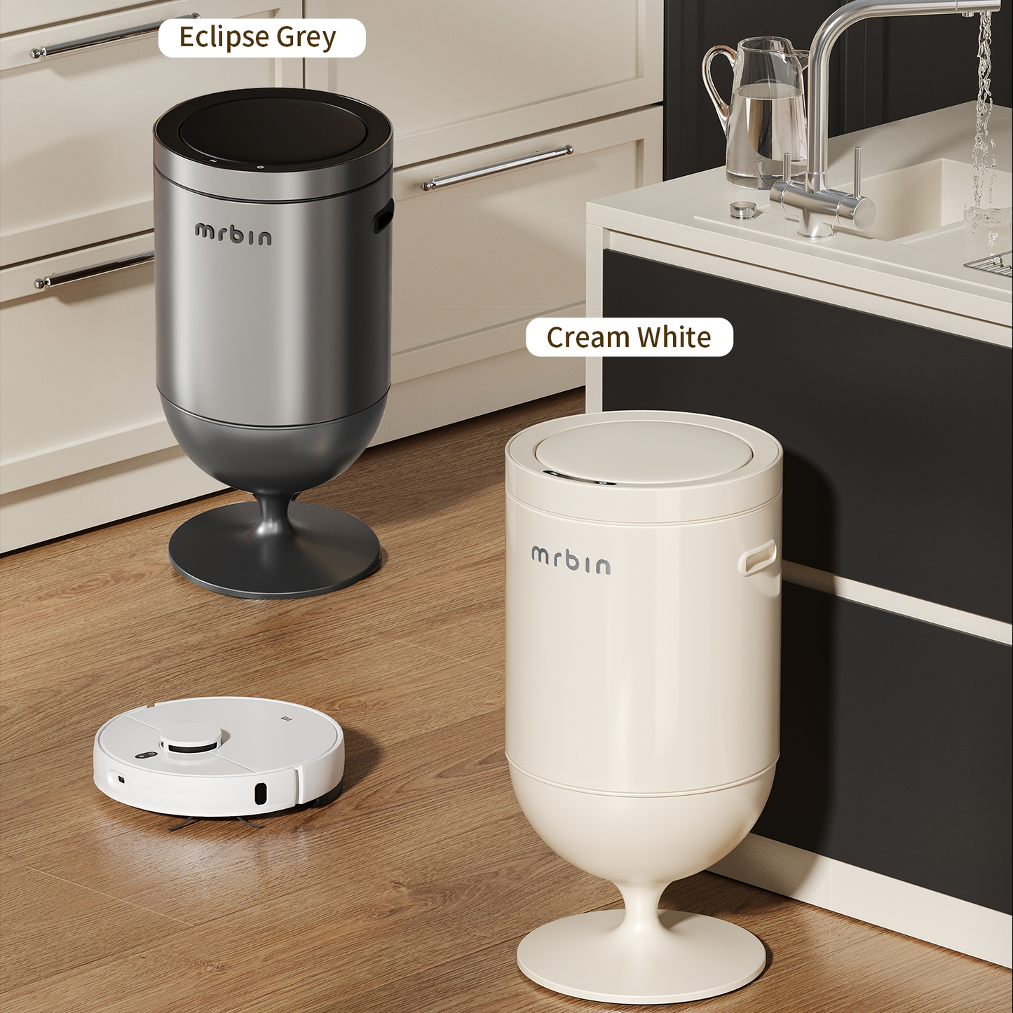 Metal Bathroom Motion Sensor Trash Can with Lid, 5.3 Gallon Wine Glass Shaped Automatic Waste Basket Touchless, Smart Round Tall Garbage with High Leg for Office, Bedroom, Kitchen, Cream White
