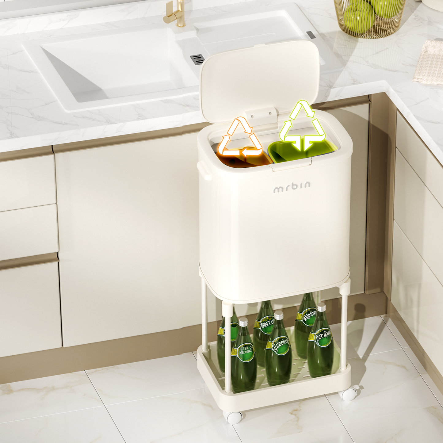 Metal Dual Compartment Kitchen Trash Can with Shelf and Wheels, High Legs 36L / 9.5gal Pet Proof Slim Press Recycle Bin, Tall Lidded Commercial Waste Basket for Vanity, Bedroom, Bathroom, White