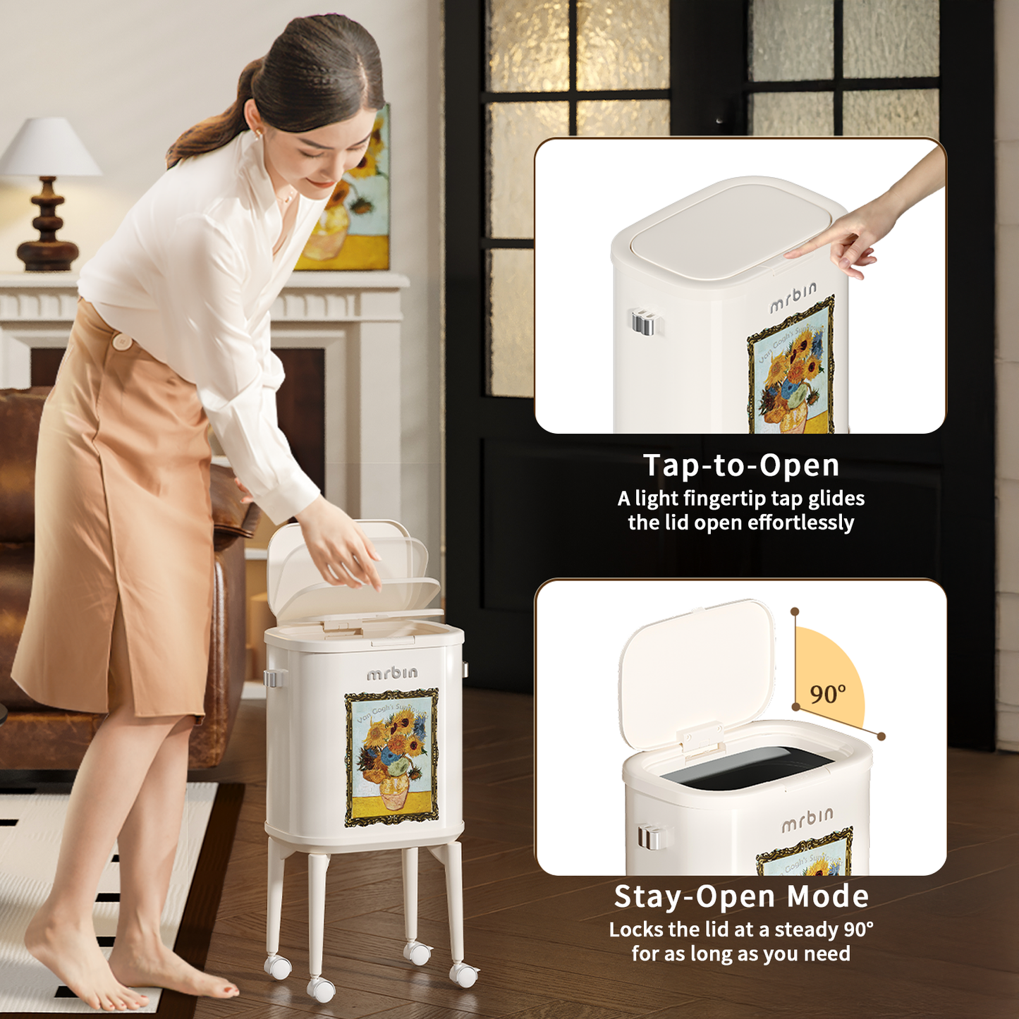 Metal Slim Bathroom Trash Can with Legs and Wheels, 15L / 4gal Toilet Press Lid Waste Basket, Covered Office Garbage Pail for Near Desk, Narrow Vanity, Rvs, Kitchen, Sunflower