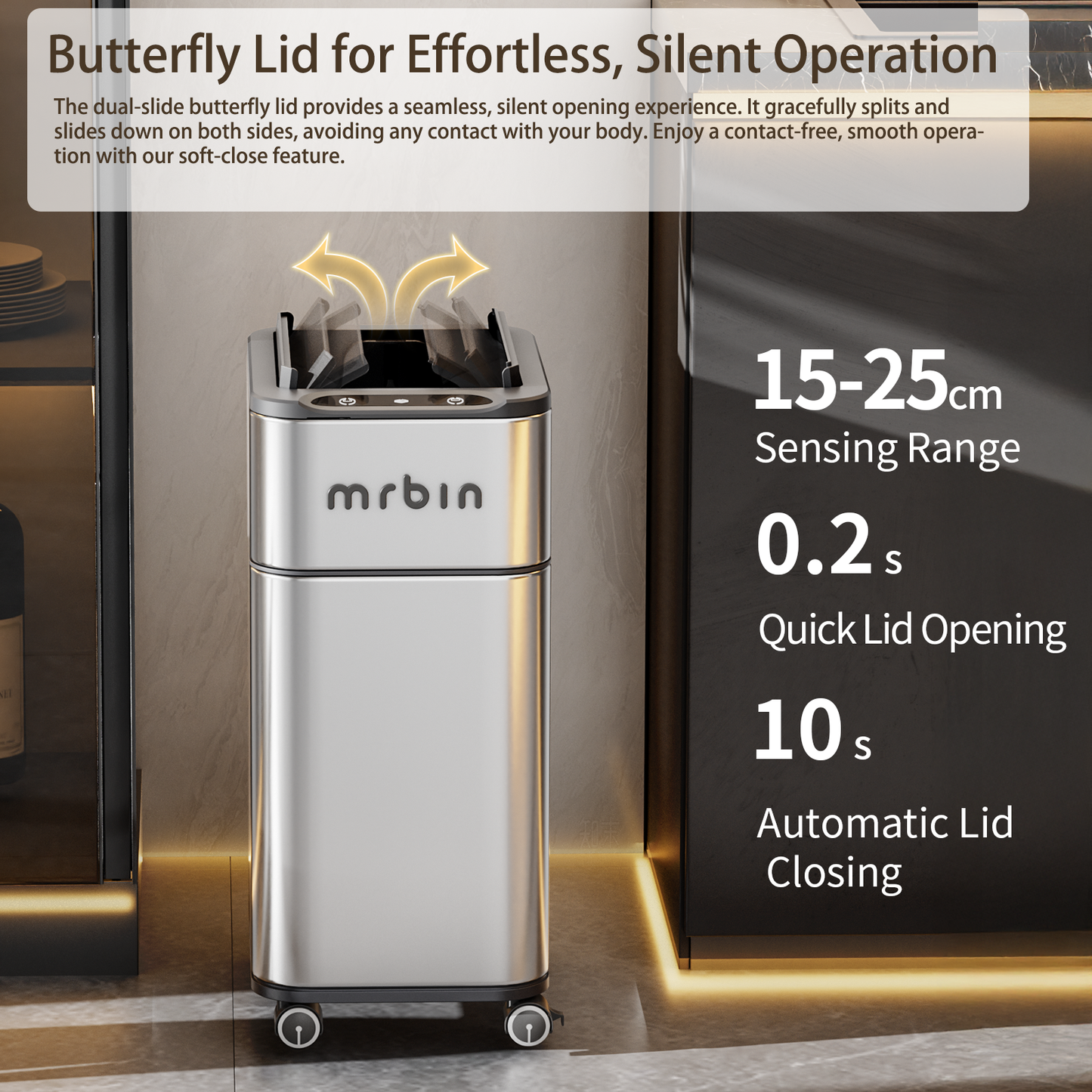 Bathroom Stainless Steel Adsorption Motion Sensor Trash Can with Butterfly Lid and Wheels, 4 Gallon Kitchen Automatic Waste Garbage Basket for Office, Near Desk, Bedroom, Rv, Eclipse Grey