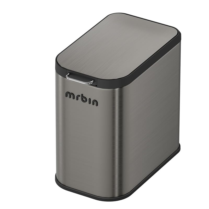 Mrbin Stainless Steel Bathroom Trash Can with Press Top Lid, 9L / 2.4gal Small Slim Metal Toilet Dog Odor Proof Waste Basket for Narrow Bedroom, Kitchen, Vanity, Eclipse-Grey