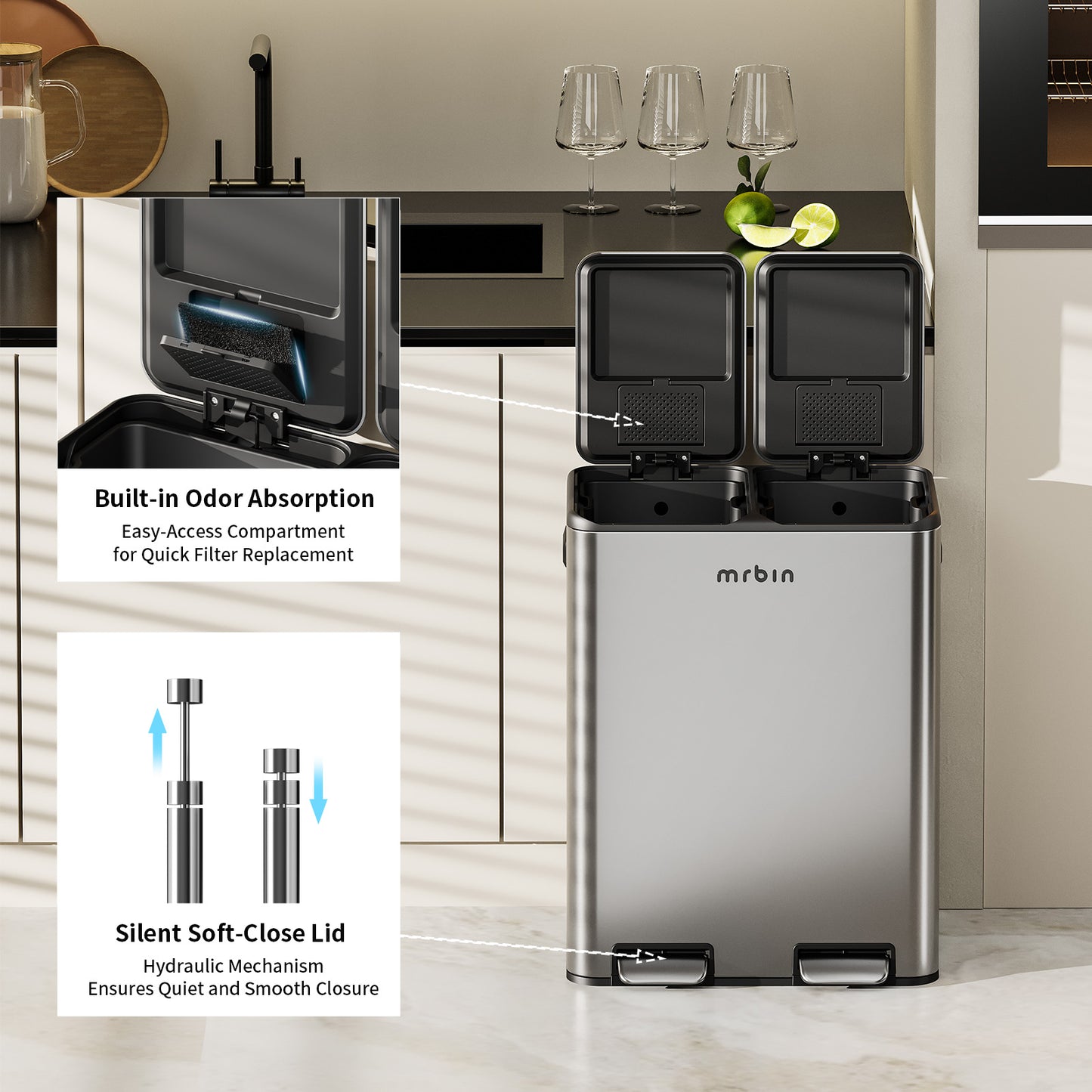 Dual Trash Can Recycling Bin Combo Stainless Steel, 60L / 16gal Large Kitchen Garbage Pail with Lid, 2 x 8 Gallon (2 x 30 Liter) Tall Large Step Rectangle Double Compartment Sided Waste Basket
