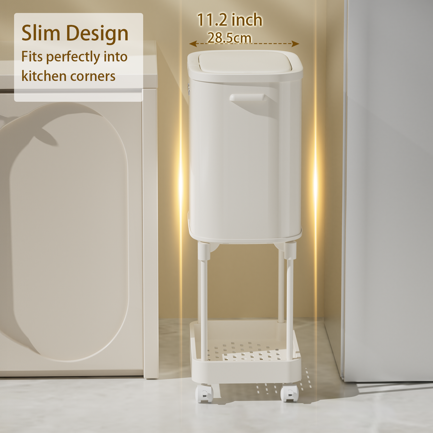 Metal Dual Compartment Kitchen Trash Can with Shelf and Wheels, High Legs 36L / 9.5gal Pet Proof Slim Press Recycle Bin, Tall Lidded Commercial Waste Basket for Vanity, Bedroom, Bathroom, White