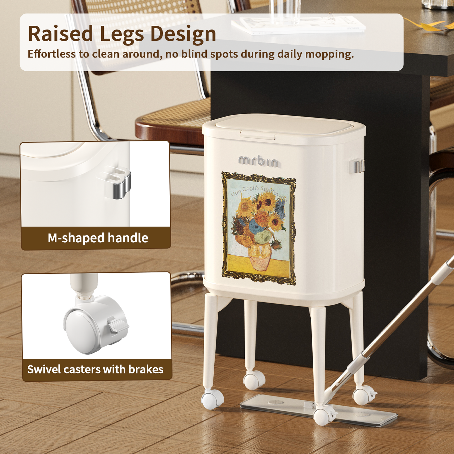 Metal Slim Bathroom Trash Can with Legs and Wheels, 15L / 4gal Toilet Press Lid Waste Basket, Covered Office Garbage Pail for Near Desk, Narrow Vanity, Rvs, Kitchen, Sunflower