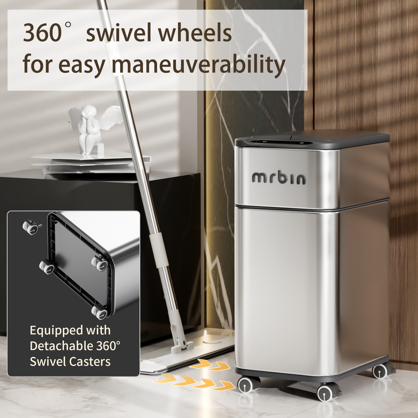 Bathroom Stainless Steel Adsorption Motion Sensor Trash Can with Butterfly Lid and Wheels, 4 Gallon Kitchen Automatic Waste Garbage Basket for Office, Near Desk, Bedroom, Rv, Eclipse Grey