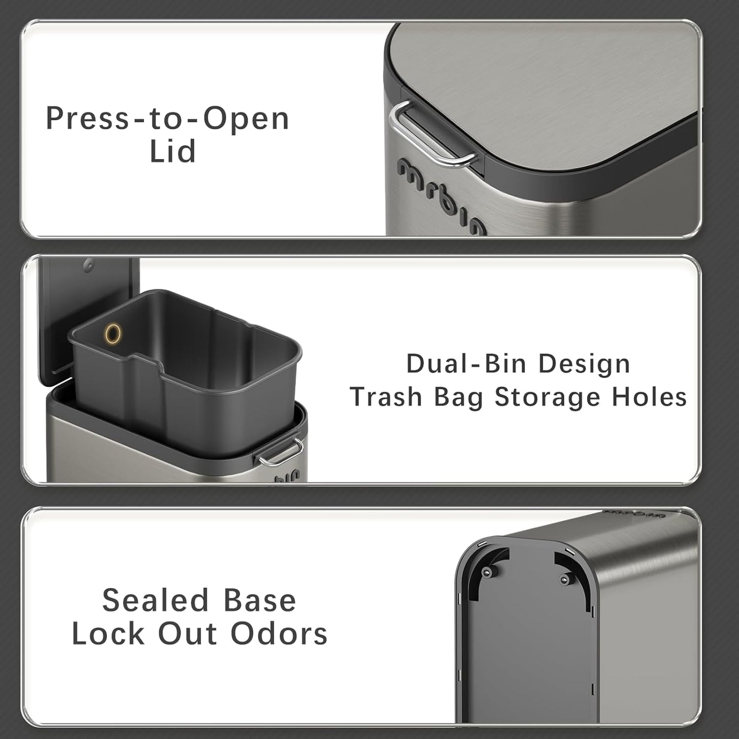 Mrbin Stainless Steel Bathroom Trash Can with Press Top Lid, 9L / 2.4gal Small Slim Metal Toilet Dog Odor Proof Waste Basket for Narrow Bedroom, Kitchen, Vanity, Eclipse-Grey