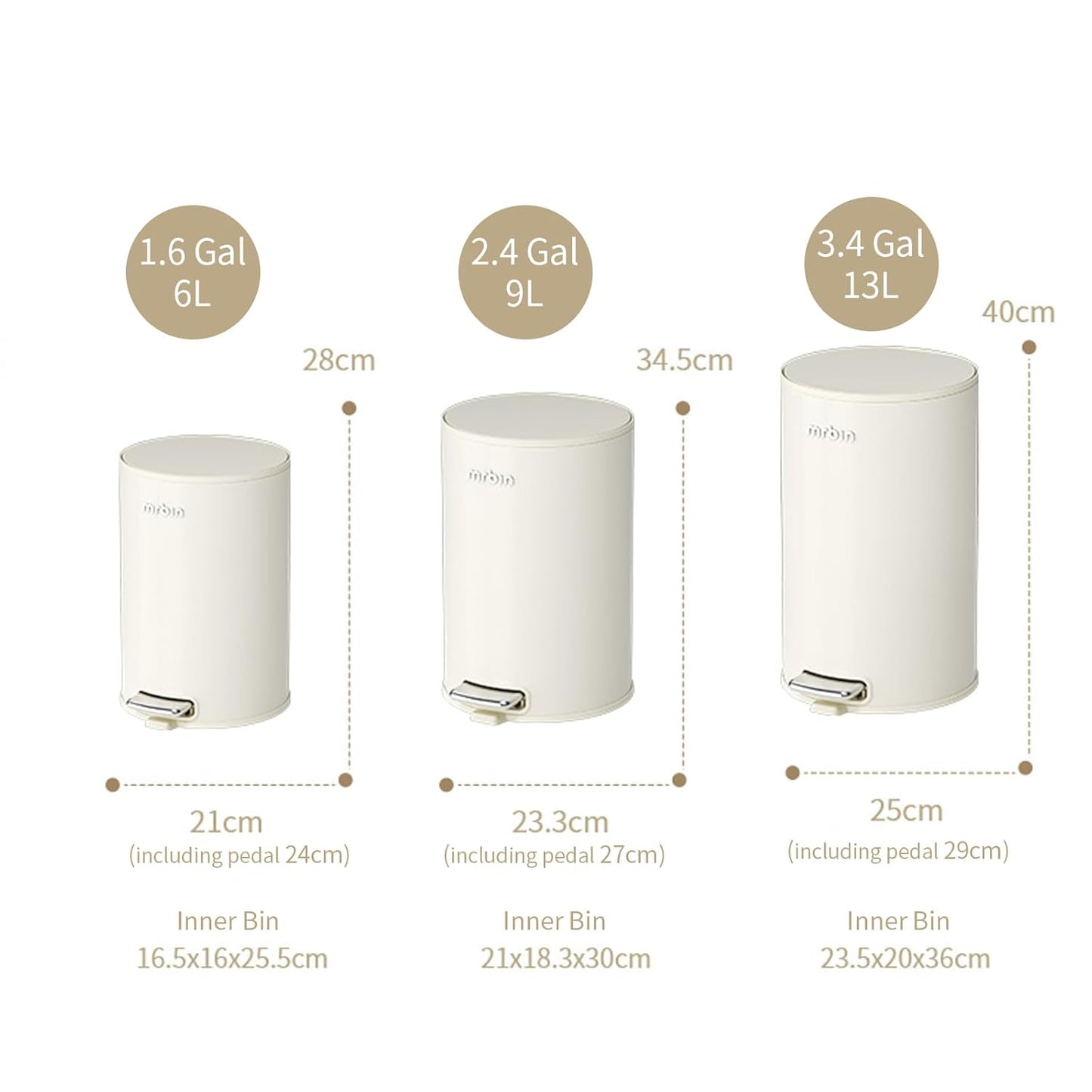 Mrbin Small Metal Bathroom Trash Can with Lid, Step Waste Basket for Bedroom, 9L / 2.4gal Round Garbage Pail Kitchen with Plastic Inner Bucket and Stainless Steel Pedal, White