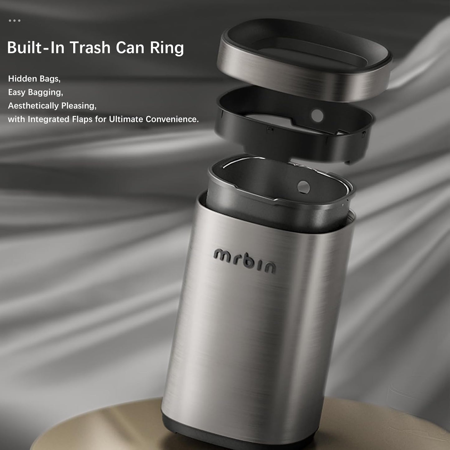 Mrbin Stainless Steel Open Top Trash Can, 15L / 4gal Round Brushed Metal Waste Basket with Hinged Rim and Inner Bucket for Bathroom, Living Room, Kitchen, Vanity, Eclipse-Grey