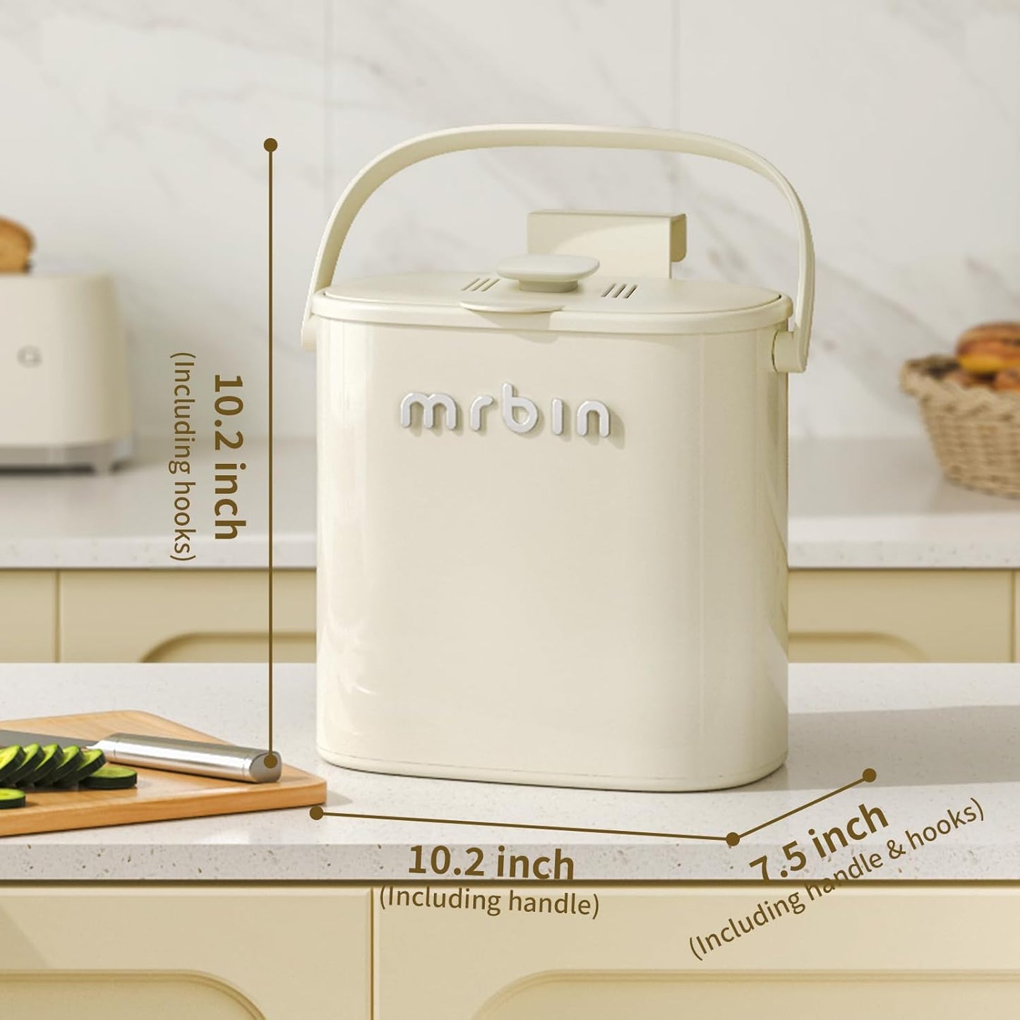 Mrbin Metal Kitchen Compost Bin Countertop and Hanging Kitchen Trash Can with Lid and Charcoal Filter, Small Dustbin For Food Waste Recycle Indoor, White