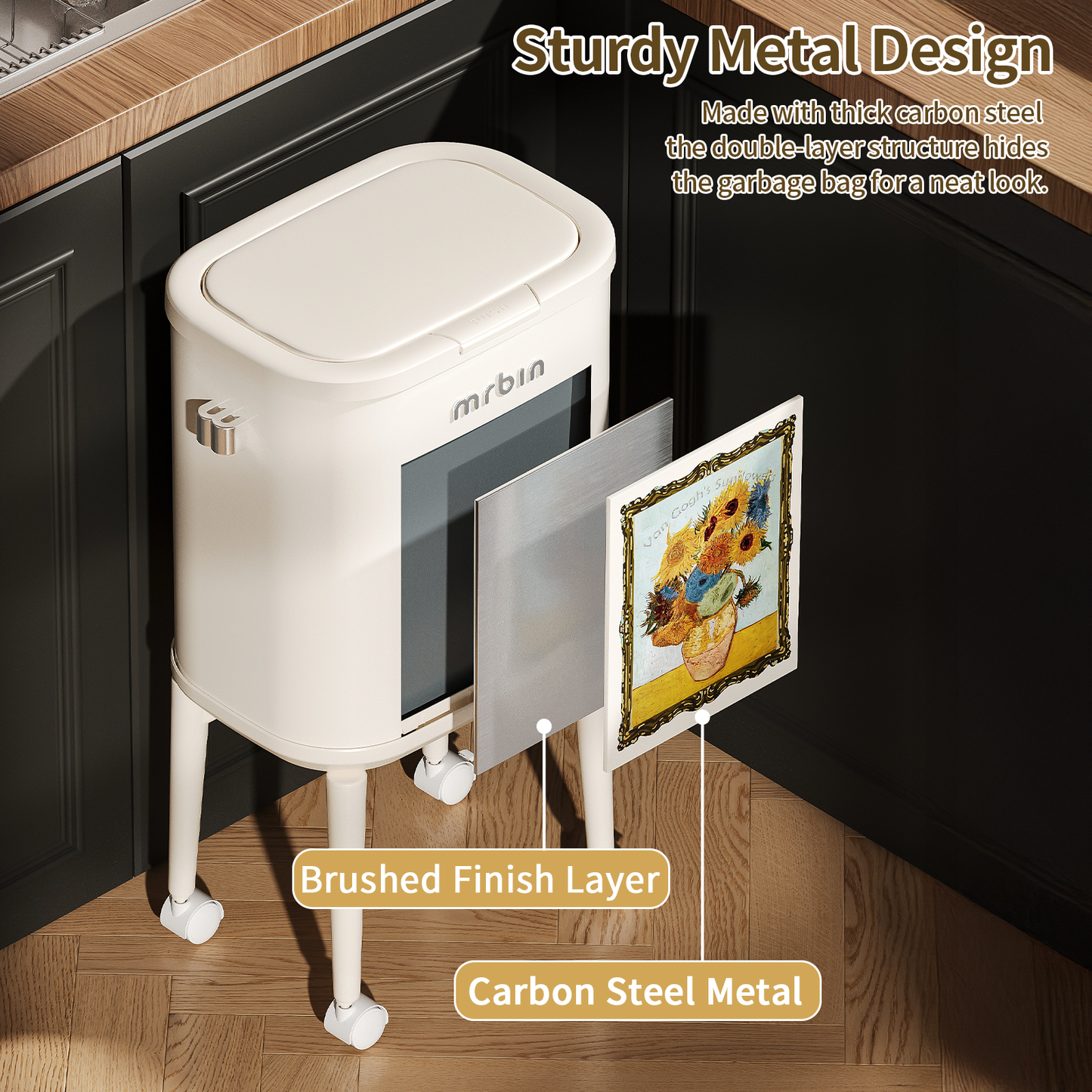 Metal Slim Bathroom Trash Can with Legs and Wheels, 15L / 4gal Toilet Press Lid Waste Basket, Covered Office Garbage Pail for Near Desk, Narrow Vanity, Rvs, Kitchen, Sunflower
