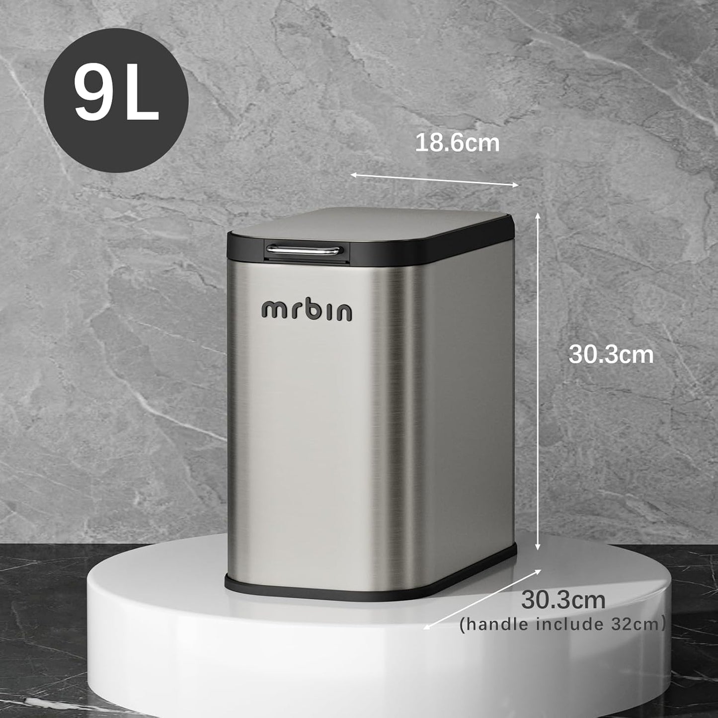 Mrbin Stainless Steel Bathroom Trash Can with Press Top Lid, 9L / 2.4gal Small Slim Metal Toilet Dog Odor Proof Waste Basket for Narrow Bedroom, Kitchen, Vanity, Eclipse-Grey