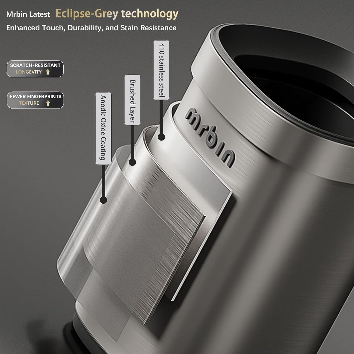 Mrbin Stainless Steel Open Top Trash Can, 15L / 4gal Round Brushed Metal Waste Basket with Hinged Rim and Inner Bucket for Bathroom, Living Room, Kitchen, Vanity, Eclipse-Grey