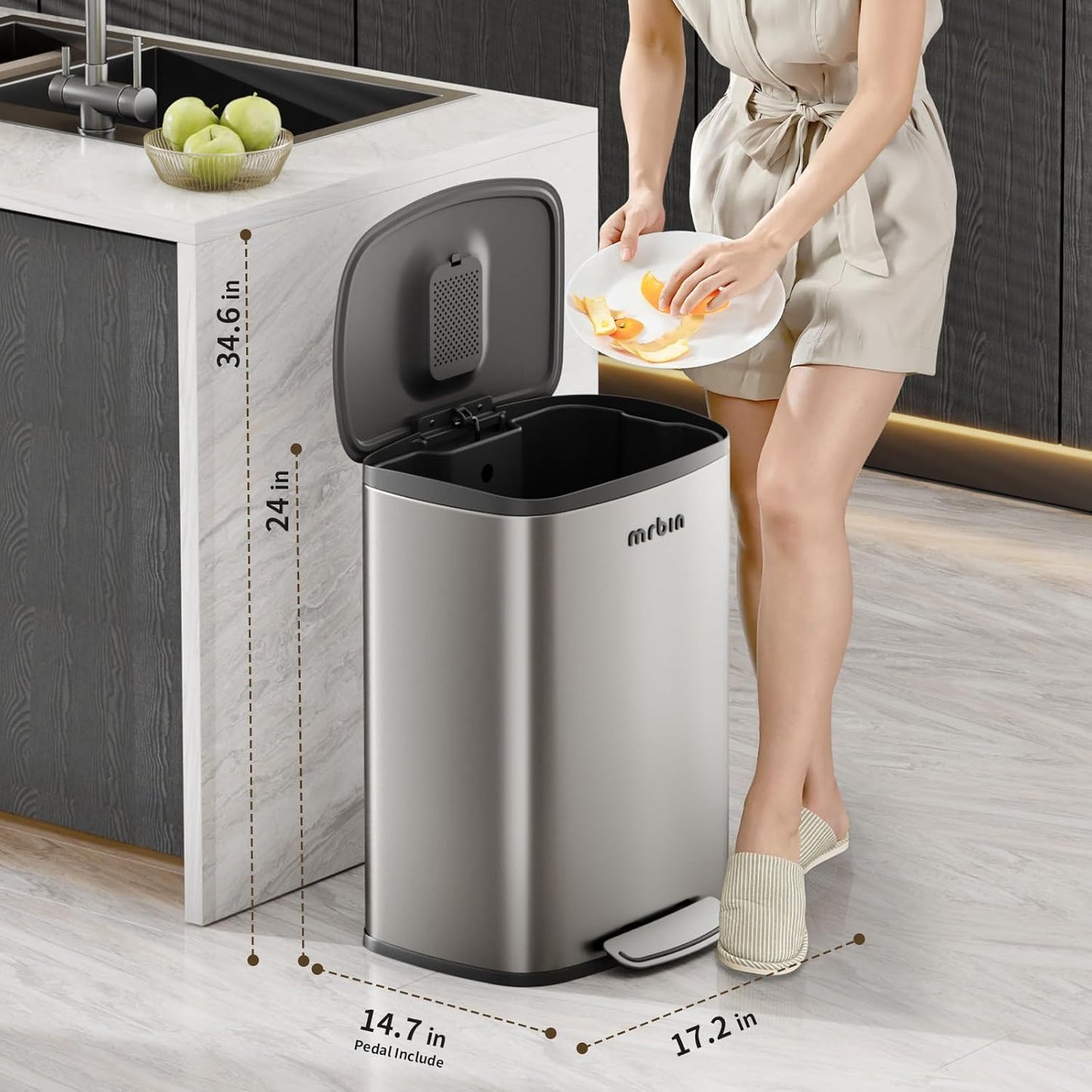 Stainless Steel Kitchen Trash Can - 13gal / 50L, Eclipse Grey