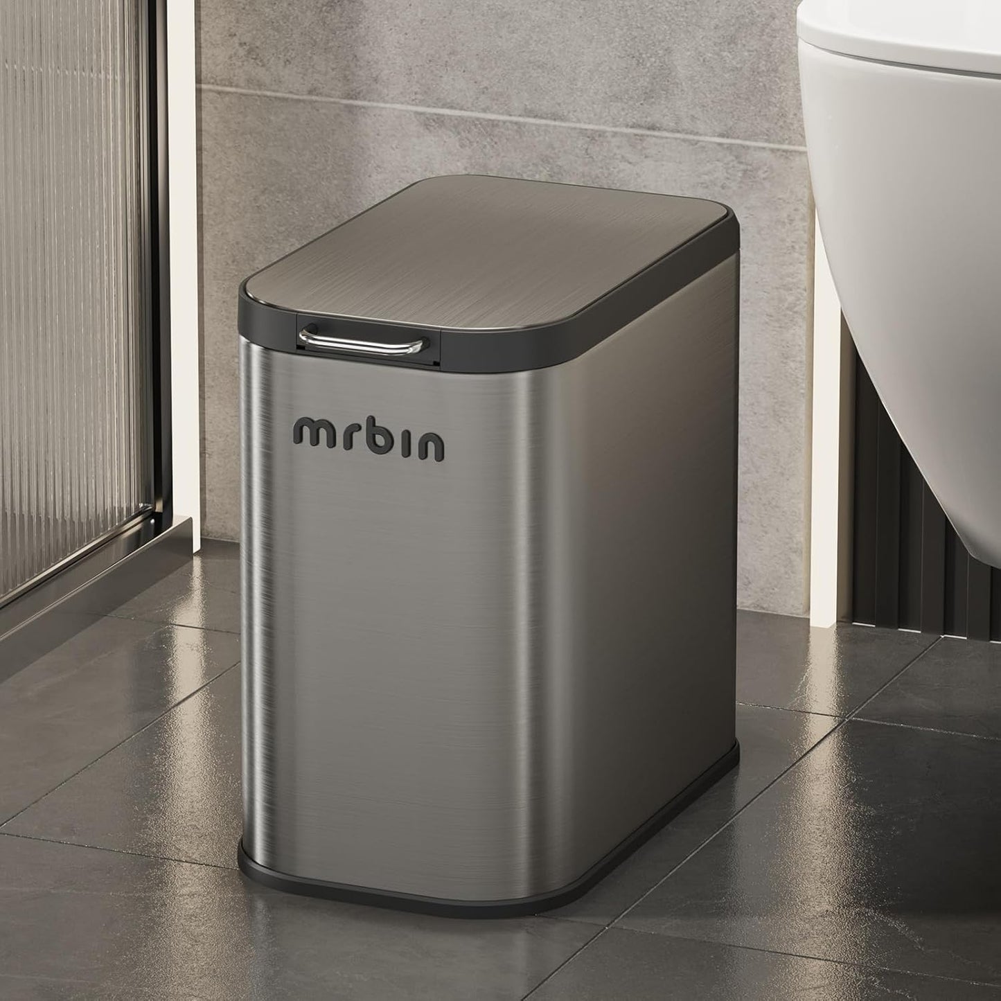 Mrbin Stainless Steel Bathroom Trash Can with Press Top Lid, 9L / 2.4gal Small Slim Metal Toilet Dog Odor Proof Waste Basket for Narrow Bedroom, Kitchen, Vanity, Eclipse-Grey
