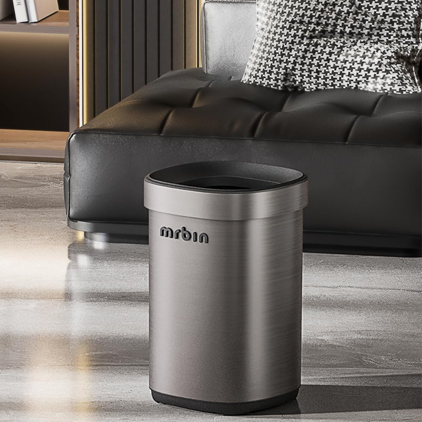 Mrbin Stainless Steel Open Top Trash Can, 15L / 4gal Round Brushed Metal Waste Basket with Hinged Rim and Inner Bucket for Bathroom, Living Room, Kitchen, Vanity, Eclipse-Grey