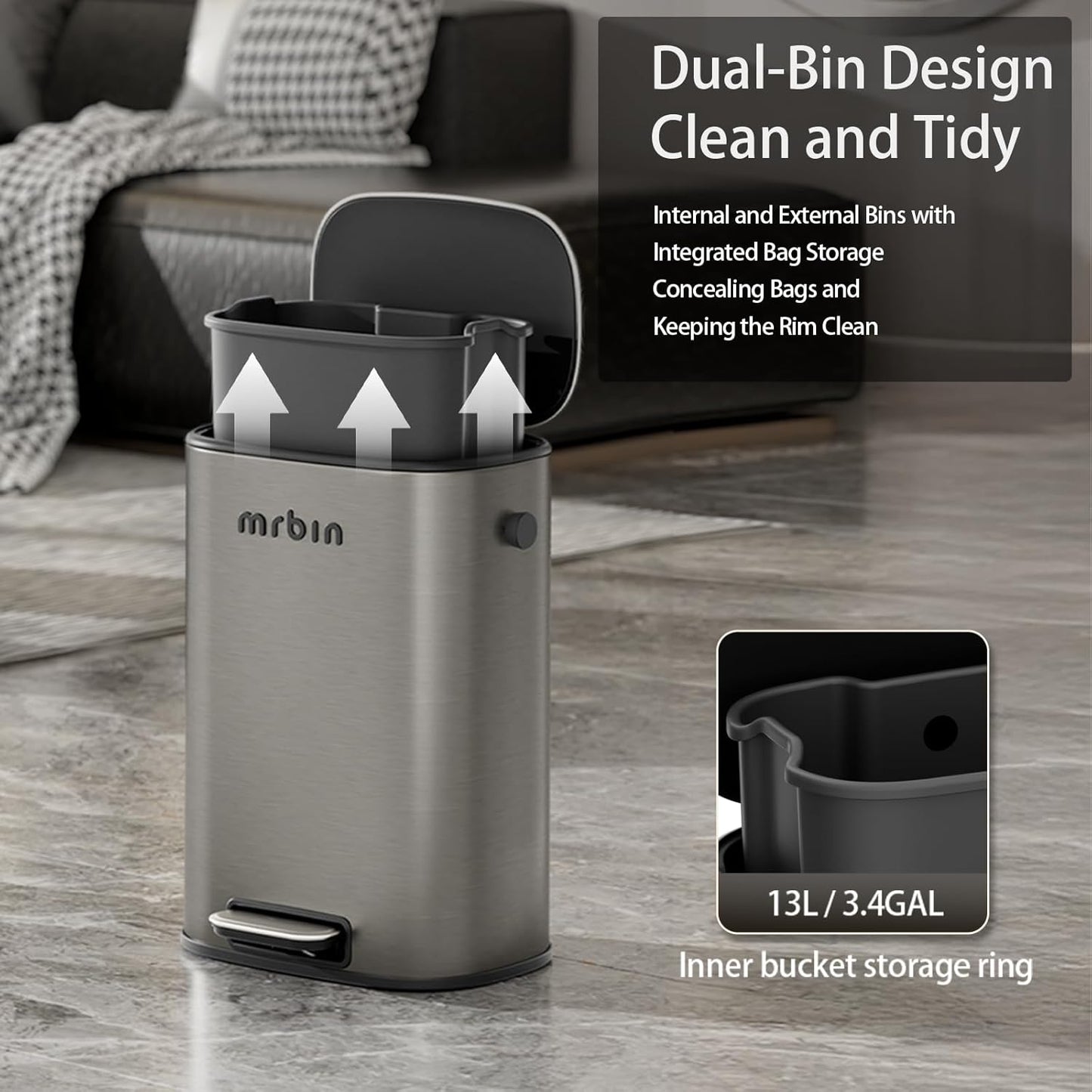 Mrbin Stainless Steel Bathroom Trash Can with Lid, 12L / 3.2gal Step Metal Toilet Waste Basket Soft Close, Small Foot Pedal Garbage Bucket Eclipse-Grey for Bedroom, Restroom, Kitchen, Rv