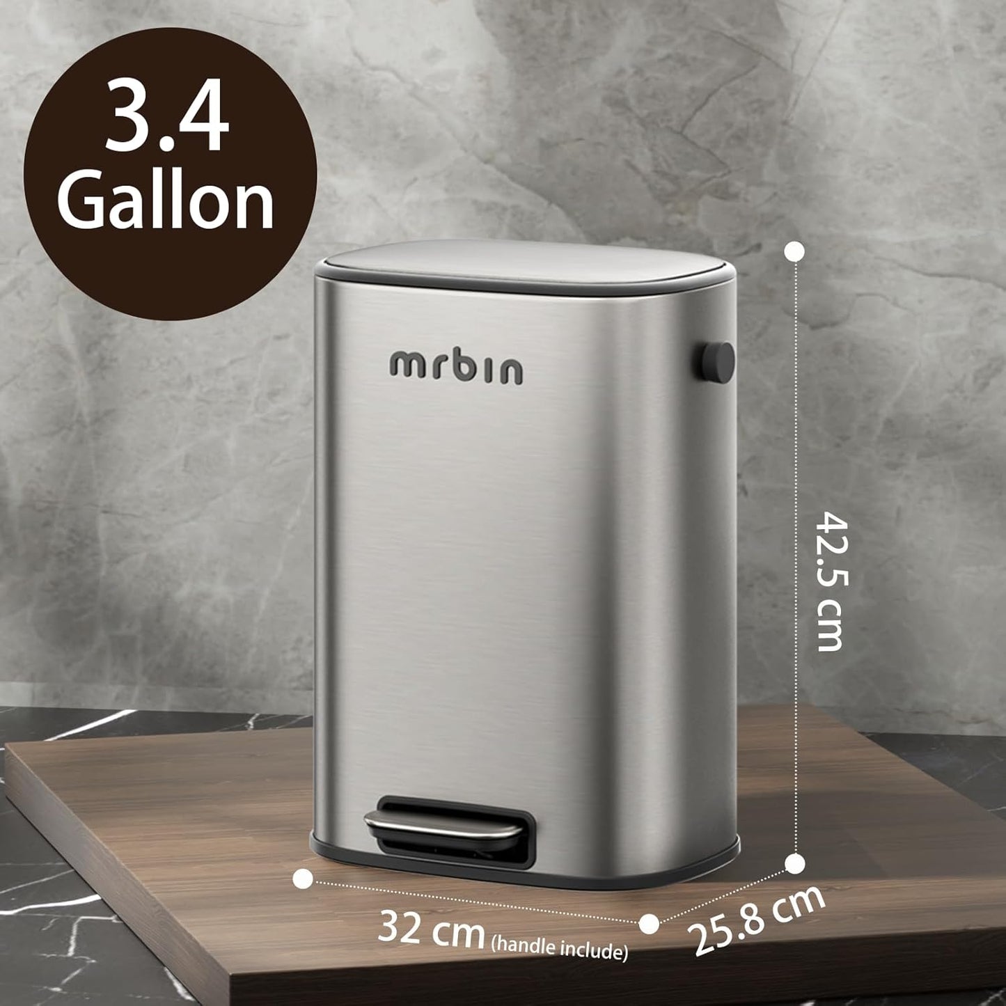 Mrbin Stainless Steel Bathroom Trash Can with Lid, 12L / 3.2gal Step Metal Toilet Waste Basket Soft Close, Small Foot Pedal Garbage Bucket Eclipse-Grey for Bedroom, Restroom, Kitchen, Rv