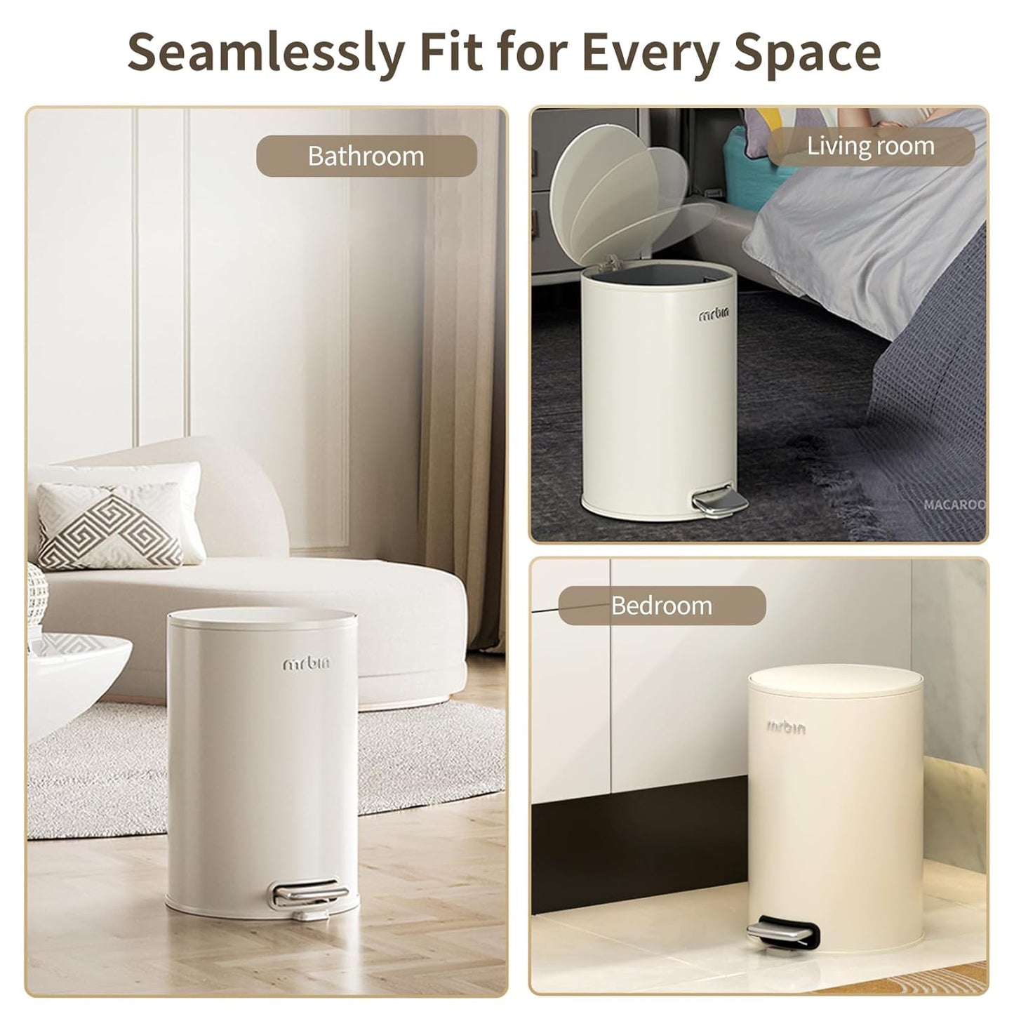 Mrbin Small Metal Bathroom Trash Can with Lid, Step Waste Basket for Bedroom, 9L / 2.4gal Round Garbage Pail Kitchen with Plastic Inner Bucket and Stainless Steel Pedal, White