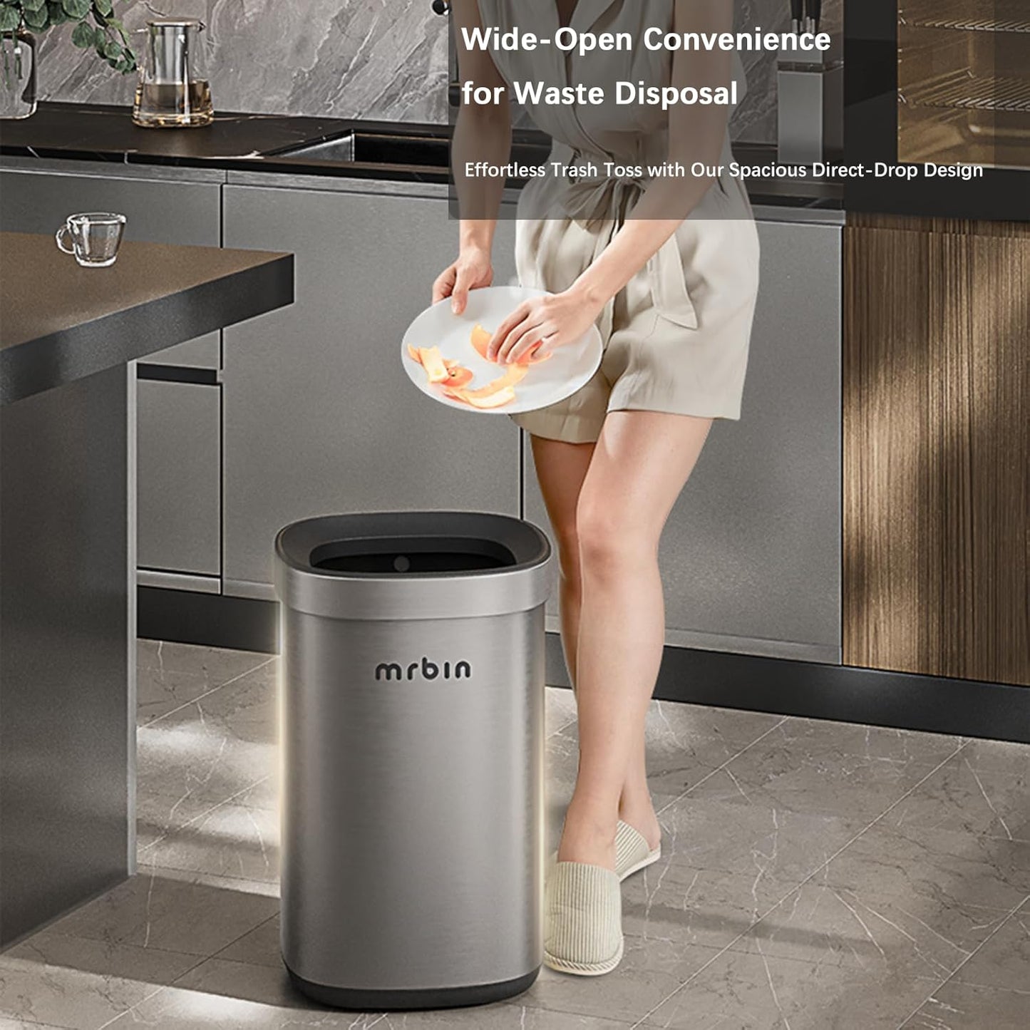 Mrbin Stainless Steel Open Top Trash Can, 15L / 4gal Round Brushed Metal Waste Basket with Hinged Rim and Inner Bucket for Bathroom, Living Room, Kitchen, Vanity, Eclipse-Grey