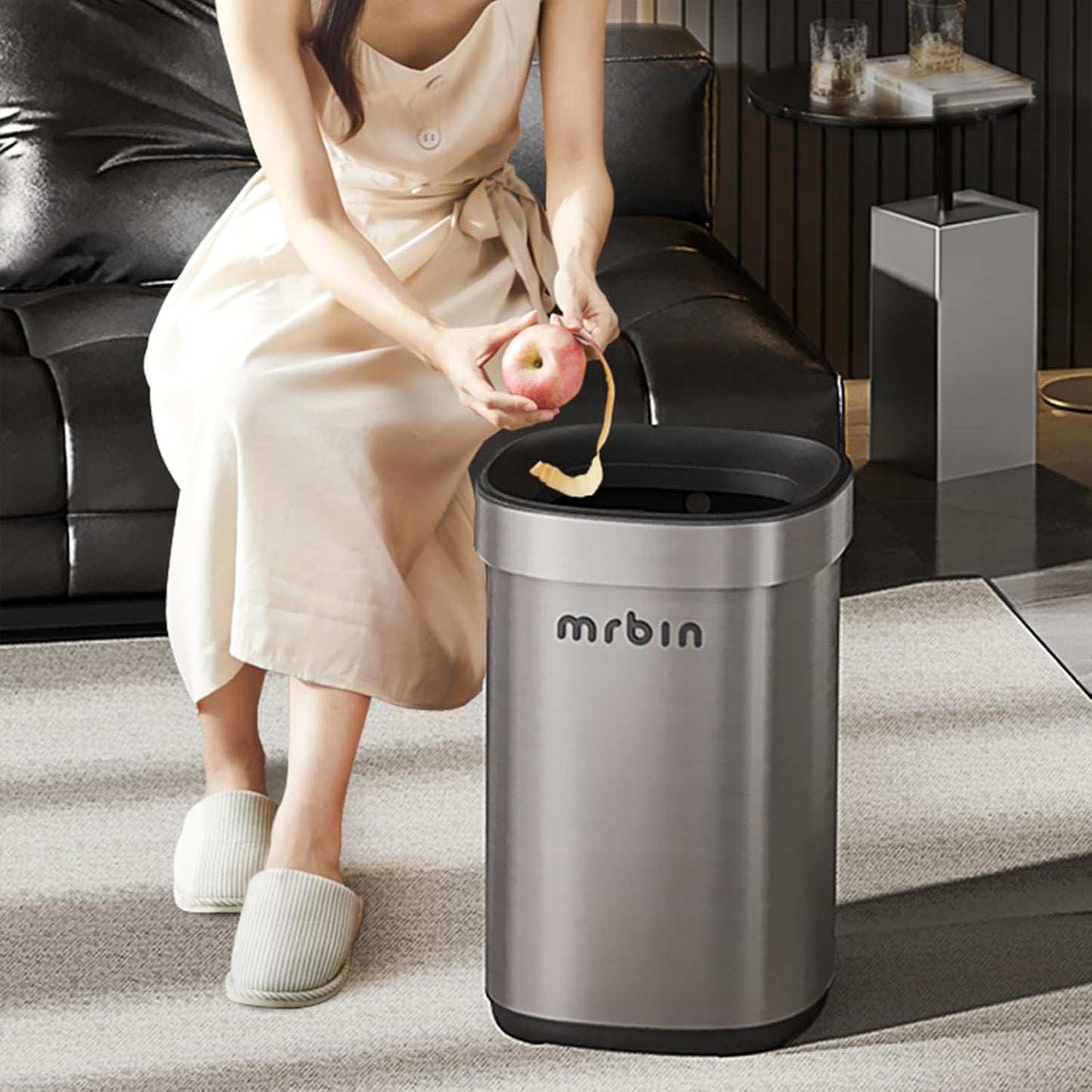 Mrbin Stainless Steel Open Top Trash Can, 15L / 4gal Round Brushed Metal Waste Basket with Hinged Rim and Inner Bucket for Bathroom, Living Room, Kitchen, Vanity, Eclipse-Grey