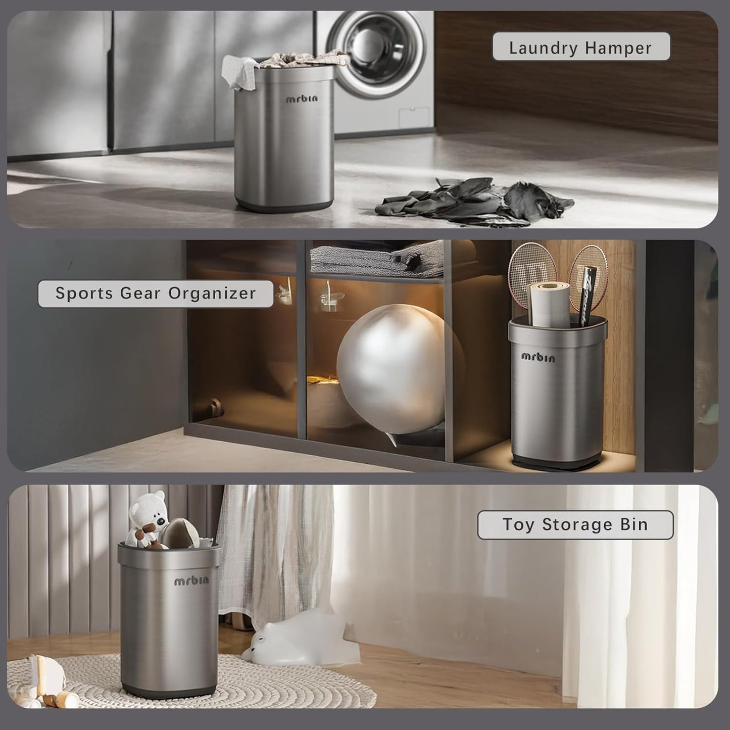 Mrbin Stainless Steel Open Top Trash Can, 15L / 4gal Round Brushed Metal Waste Basket with Hinged Rim and Inner Bucket for Bathroom, Living Room, Kitchen, Vanity, Eclipse-Grey