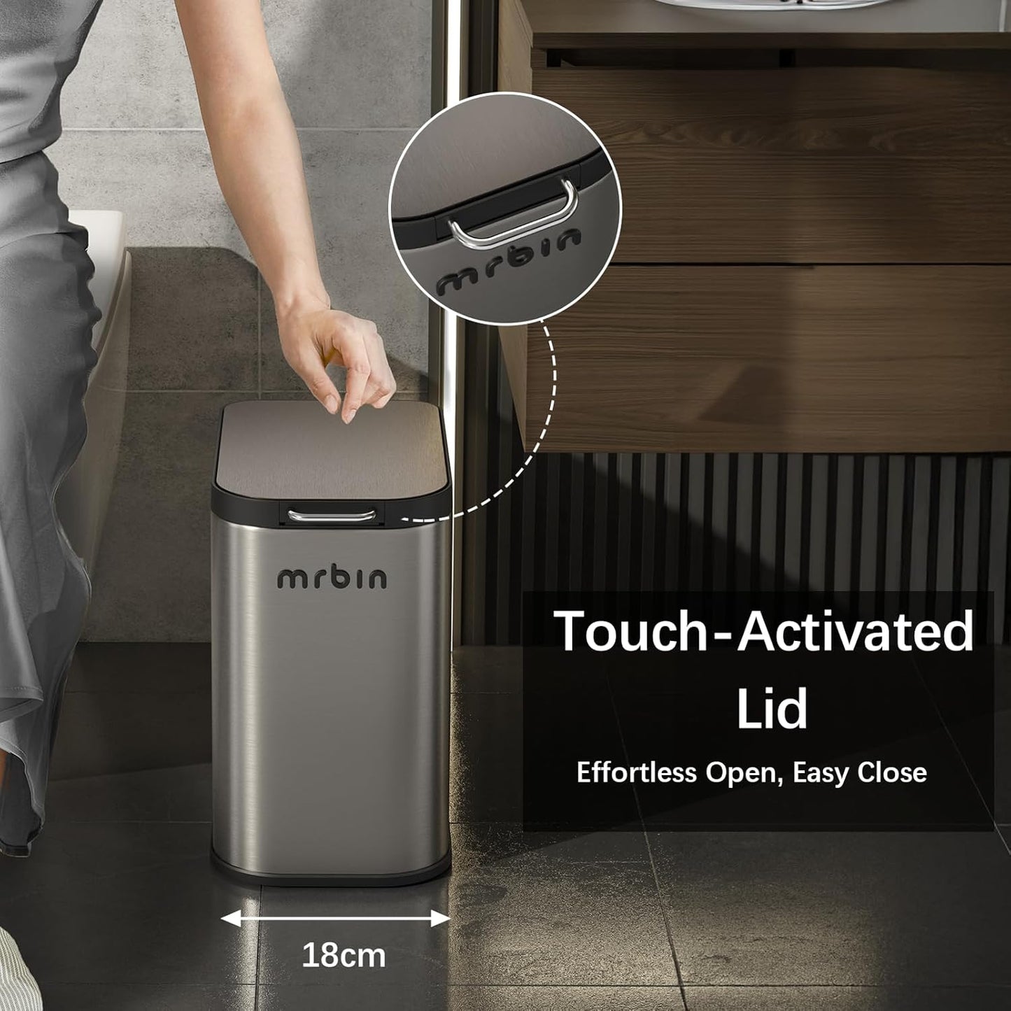 Mrbin Stainless Steel Bathroom Trash Can with Press Top Lid, 9L / 2.4gal Small Slim Metal Toilet Dog Odor Proof Waste Basket for Narrow Bedroom, Kitchen, Vanity, Eclipse-Grey