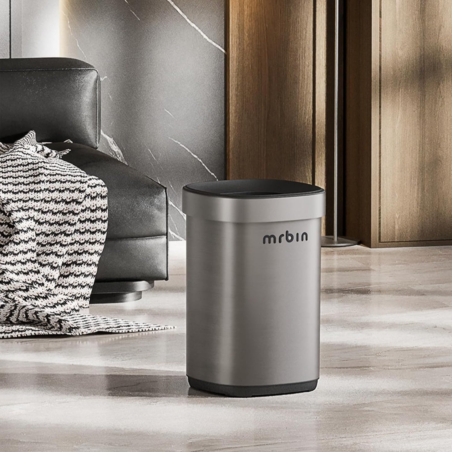 Mrbin Stainless Steel Open Top Trash Can, 15L / 4gal Round Brushed Metal Waste Basket with Hinged Rim and Inner Bucket for Bathroom, Living Room, Kitchen, Vanity, Eclipse-Grey