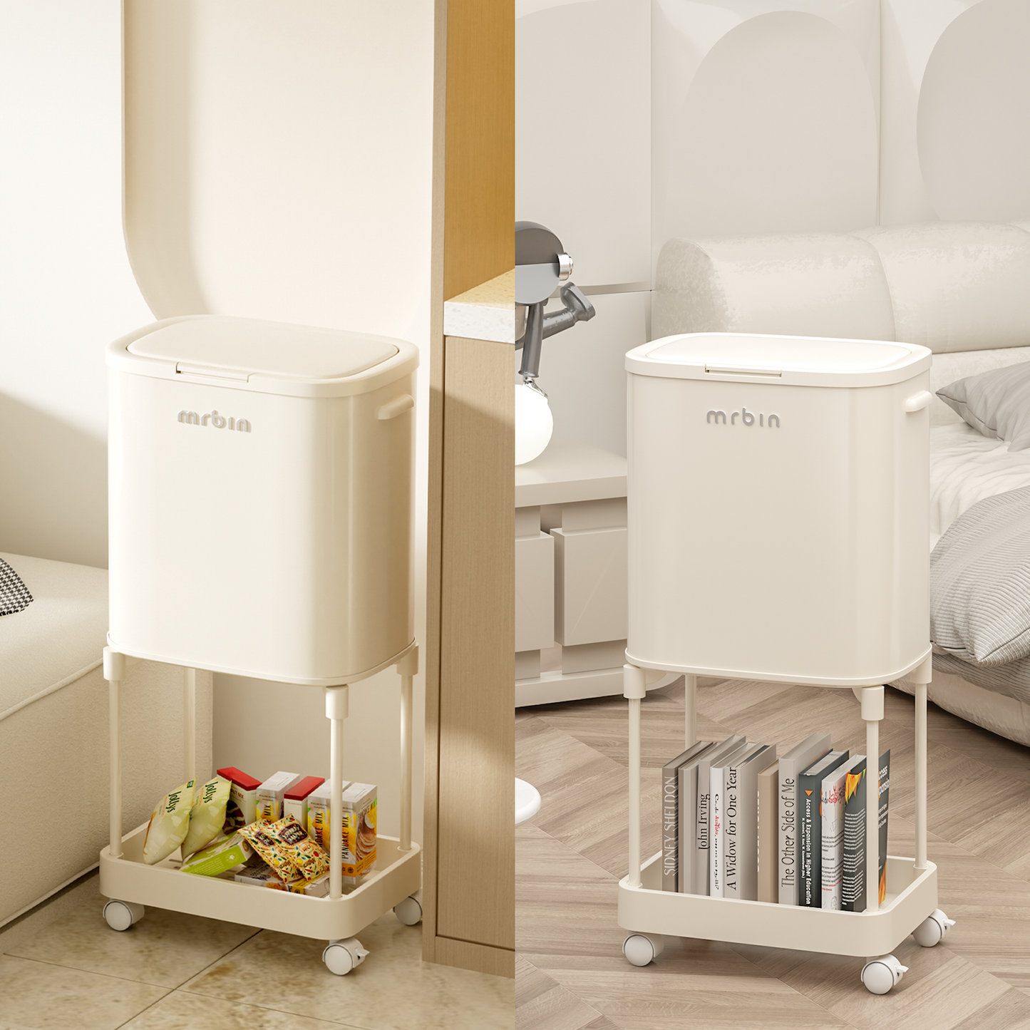 Metal Dual Compartment Kitchen Trash Can with Shelf and Wheels, High Legs 36L / 9.5gal Pet Proof Slim Press Recycle Bin, Tall Lidded Commercial Waste Basket for Vanity, Bedroom, Bathroom, White