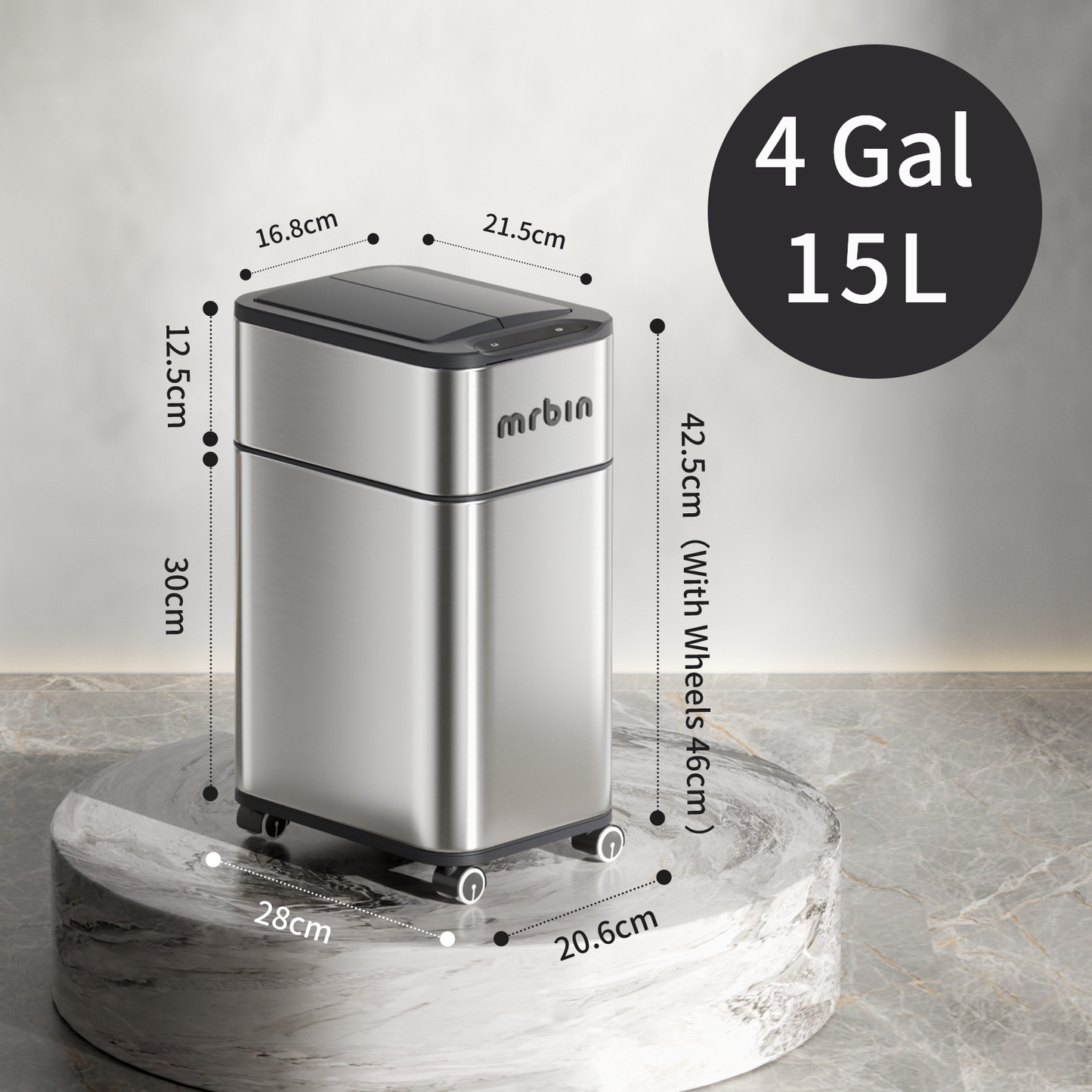 Bathroom Stainless Steel Adsorption Motion Sensor Trash Can with Butterfly Lid and Wheels, 4 Gallon Kitchen Automatic Waste Garbage Basket for Office, Near Desk, Bedroom, Rv, Eclipse Grey