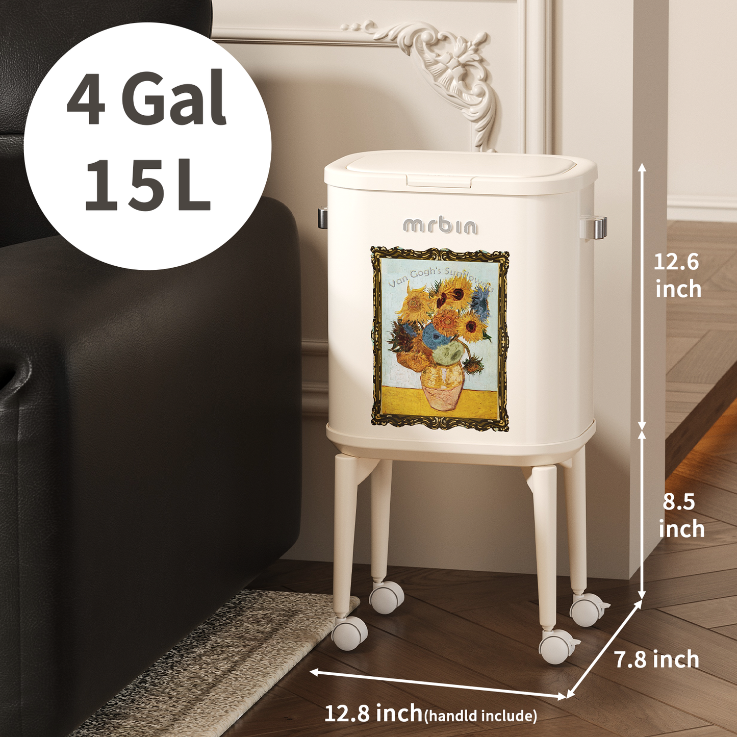 Metal Slim Bathroom Trash Can with Legs and Wheels, 15L / 4gal Toilet Press Lid Waste Basket, Covered Office Garbage Pail for Near Desk, Narrow Vanity, Rvs, Kitchen, Sunflower