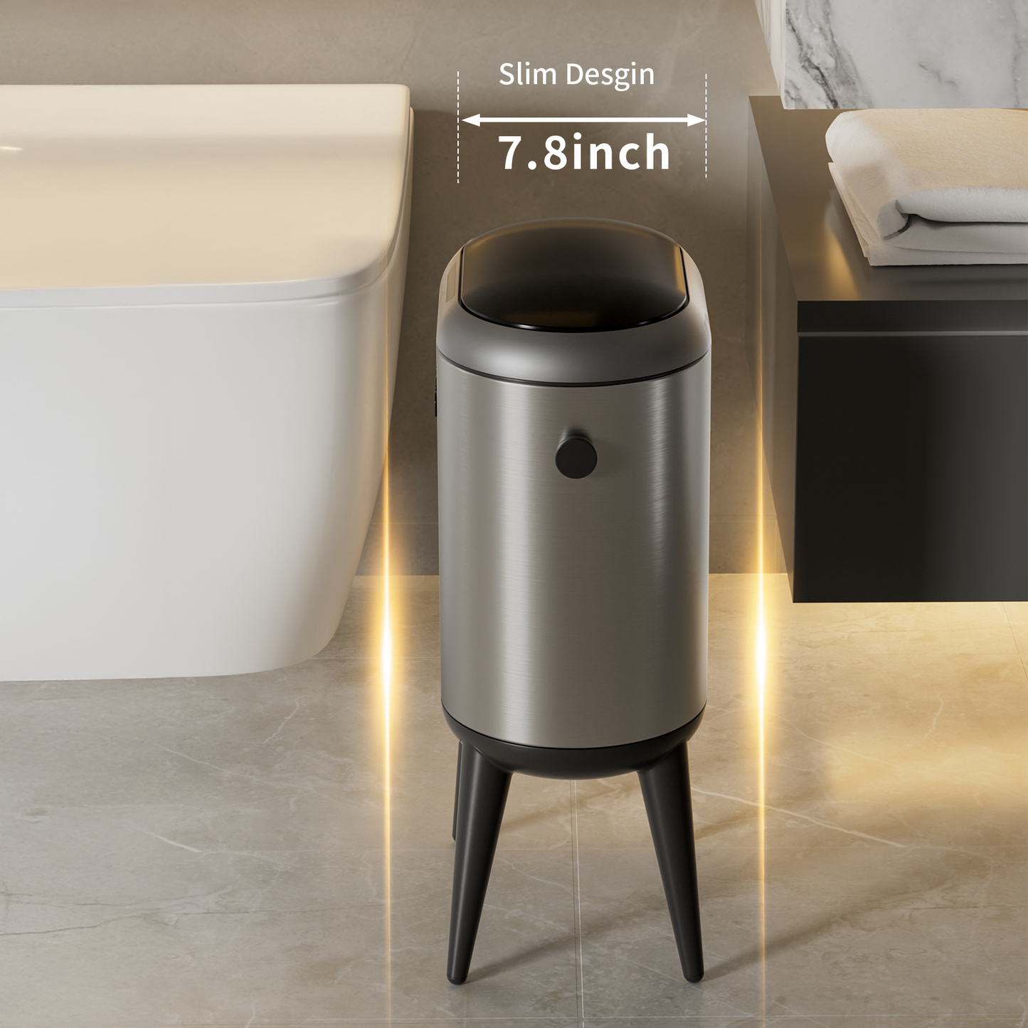 Stainless Steel Slim Bathroom Motion Sensor Trash Can with Lid and Wheels, 13L / 3.4gal Electric Touchless Toilet Waste Basket with Legs for Narrow Vanity, Rvs, Dorm, Kitchen, Eclipse Grey