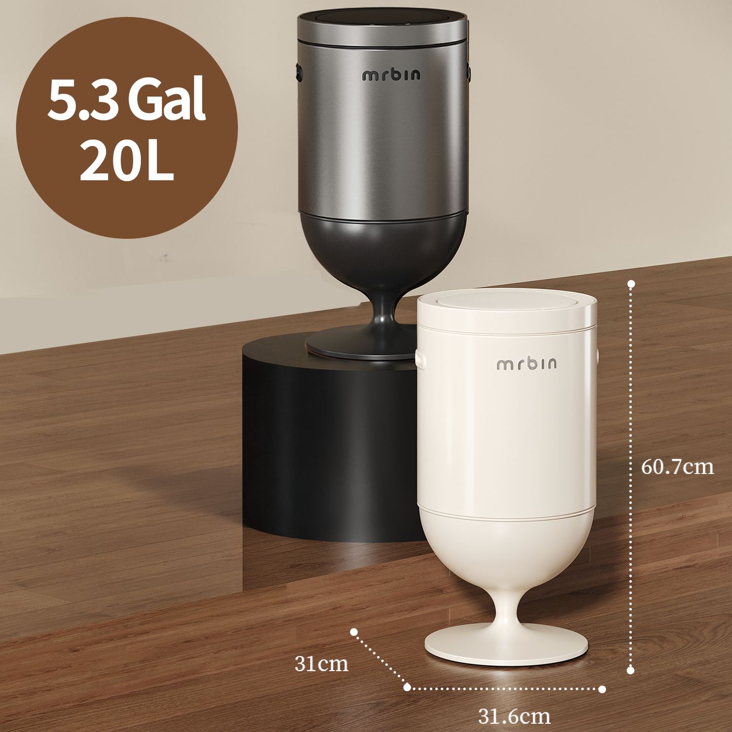 Metal Trash Can with Lid, 5.3 Gallons / 20L Medium Decorative Waste Basket, Round Tall Garbage with High Leg for Bathroom, Office, Bedroom, Kitchen, Cream White