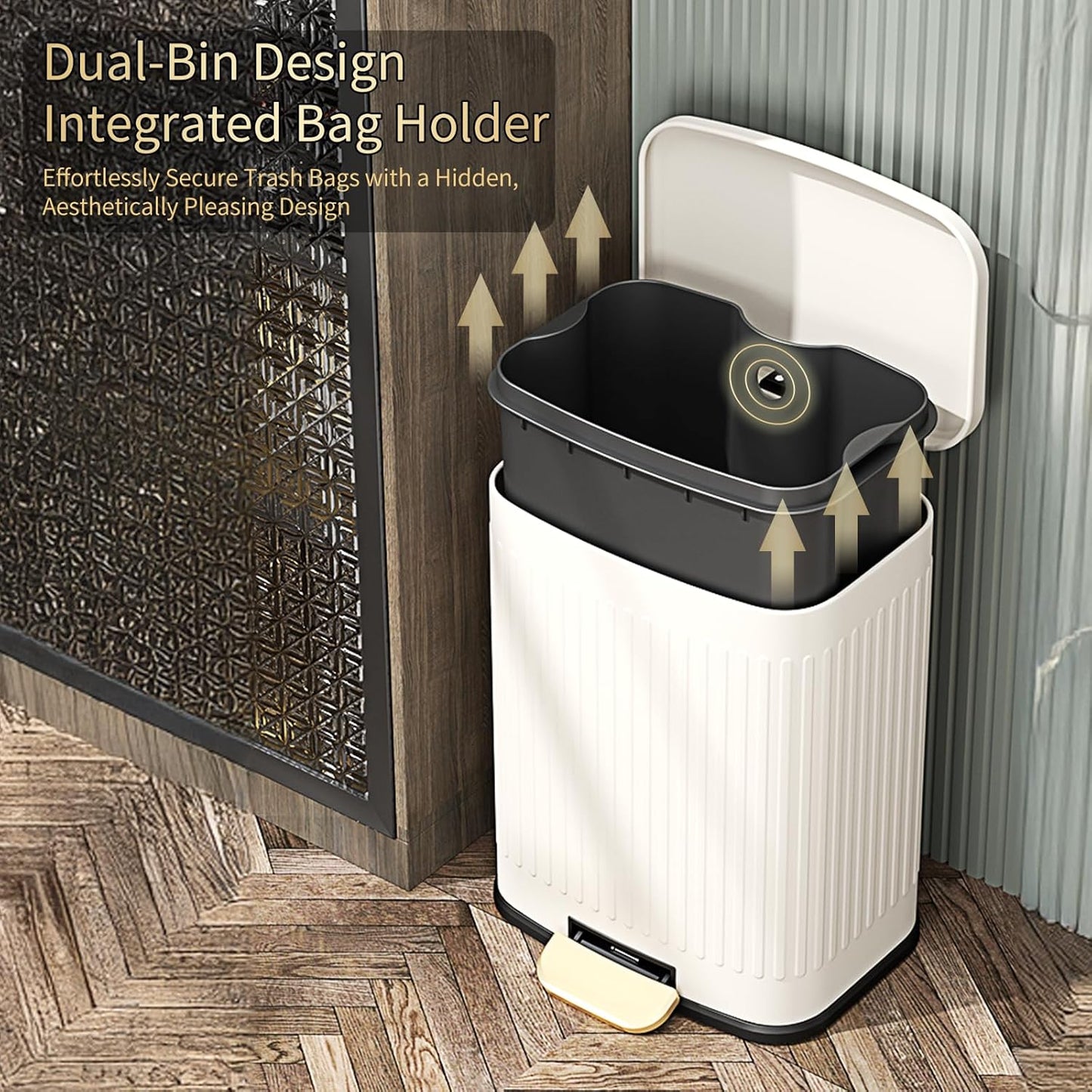 Mrbin Stainless Steel Outdoor Dog Poop Trash Can with Lid, 12L / 3.2gal Step Patio Pet Waste Basket Outside Odor Control, Metal Cat Litter Yard Disposal foot Pedal Garbage Pail, White