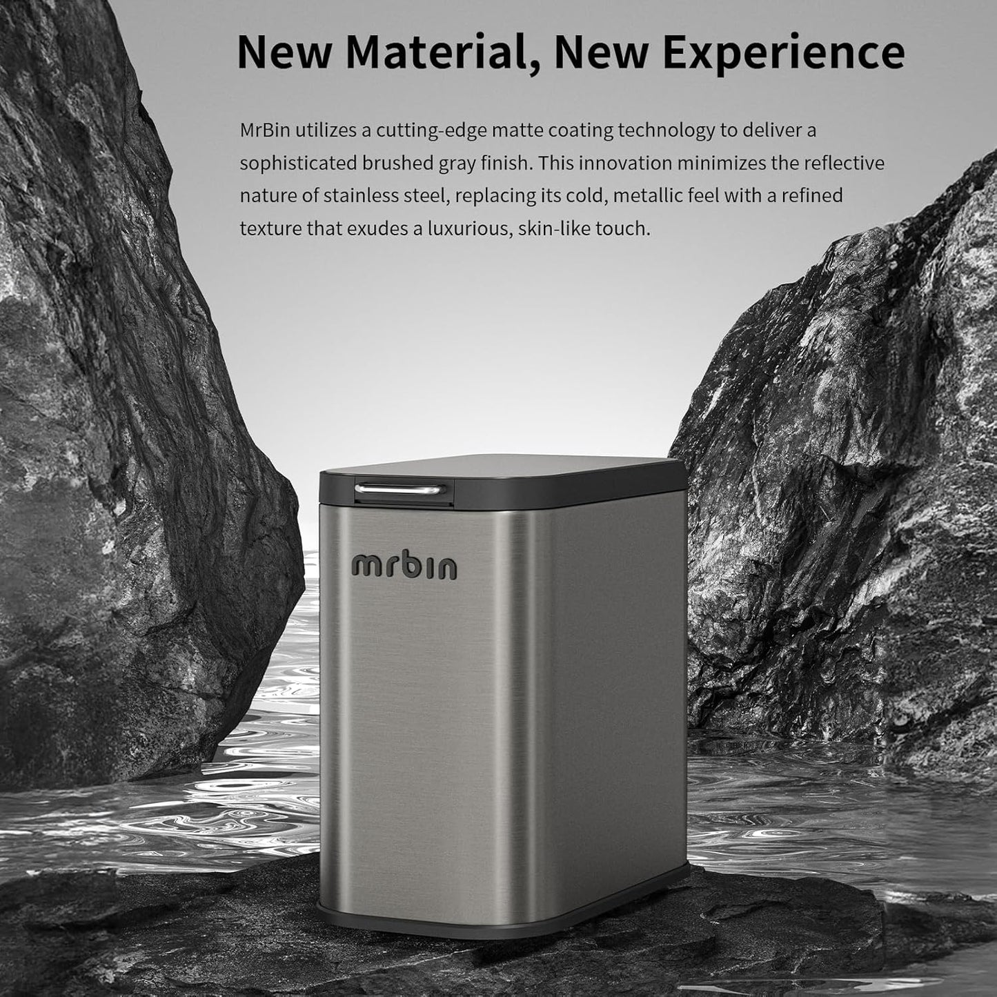 Mrbin Stainless Steel Bathroom Trash Can with Press Top Lid, 9L / 2.4gal Small Slim Metal Toilet Dog Odor Proof Waste Basket for Narrow Bedroom, Kitchen, Vanity, Eclipse-Grey