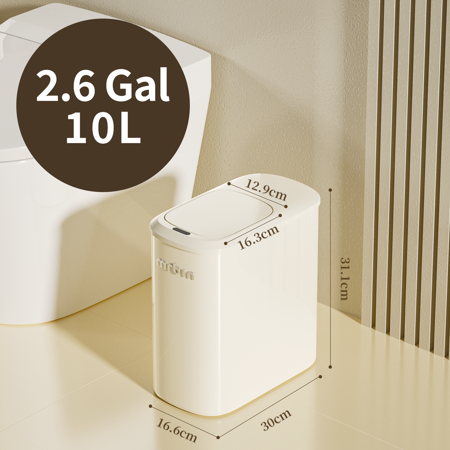 Metal Motion Sensor Bathroom Trash Can with Lid and Wheels, 10L/2.6gal Automatic Removable Slim Electric Narrow Waste Basket for Near Desk Office, Bedroom, Kitchen, Rv, White