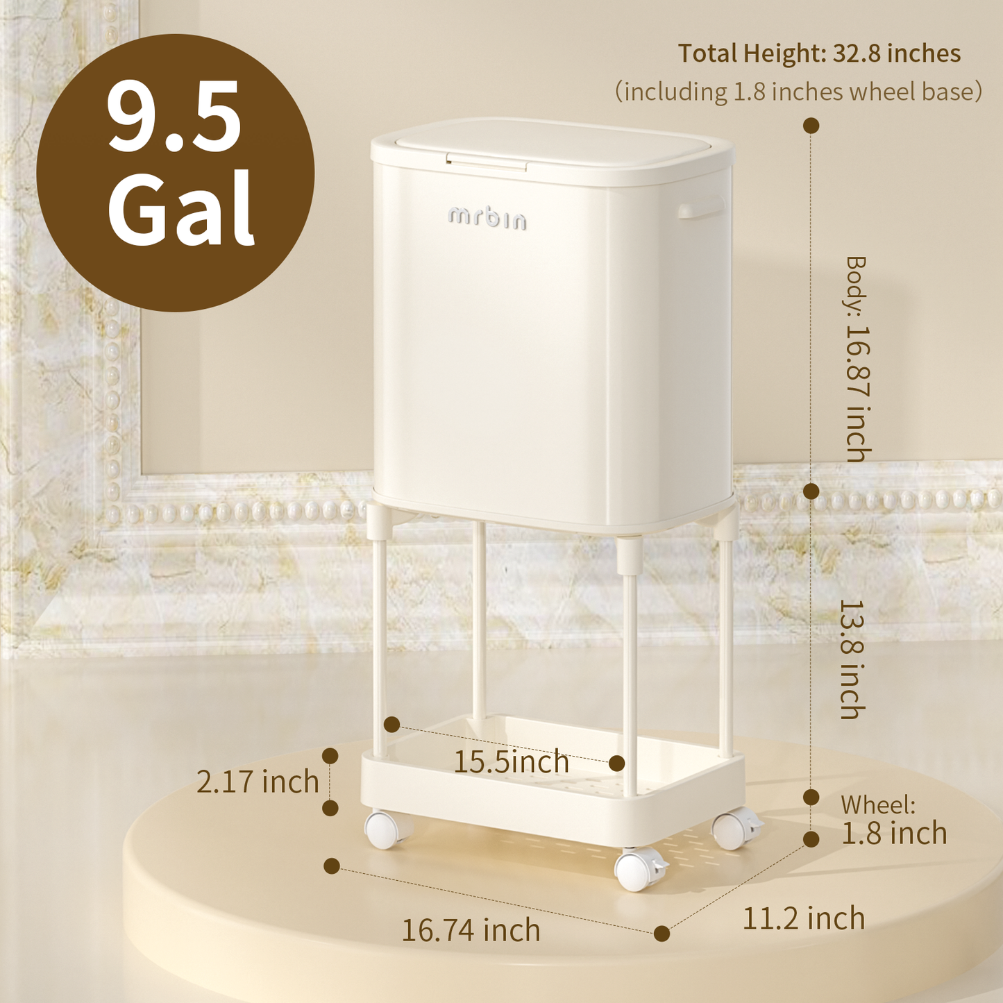 Metal Dual Compartment Kitchen Trash Can with Shelf and Wheels, High Legs 36L / 9.5gal Pet Proof Slim Press Recycle Bin, Tall Lidded Commercial Waste Basket for Vanity, Bedroom, Bathroom, White