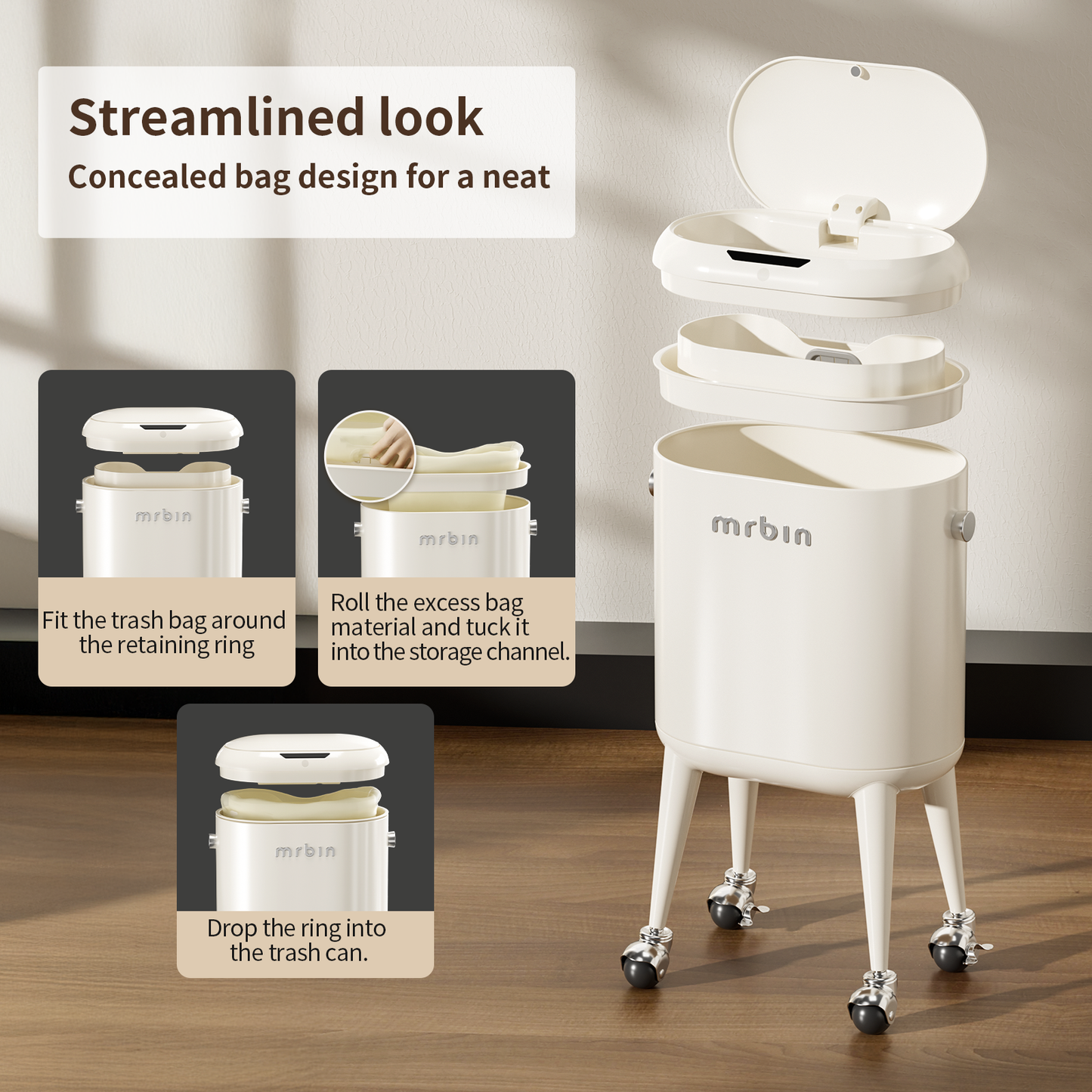 Metal Slim Bathroom Motion Sensor Trash Can with Lid and Wheels, 13L / 3.4gal Electric Touchless Toilet Waste Basket with Legs for Narrow Vanity, Rvs, Dorm, Kitchen, Cream White