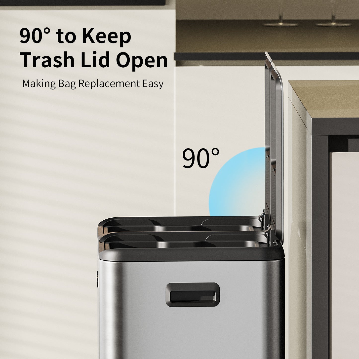 Dual Trash Can Recycling Bin Combo Stainless Steel, 60L / 16gal Large Kitchen Garbage Pail with Lid, 2 x 8 Gallon (2 x 30 Liter) Tall Large Step Rectangle Double Compartment Sided Waste Basket