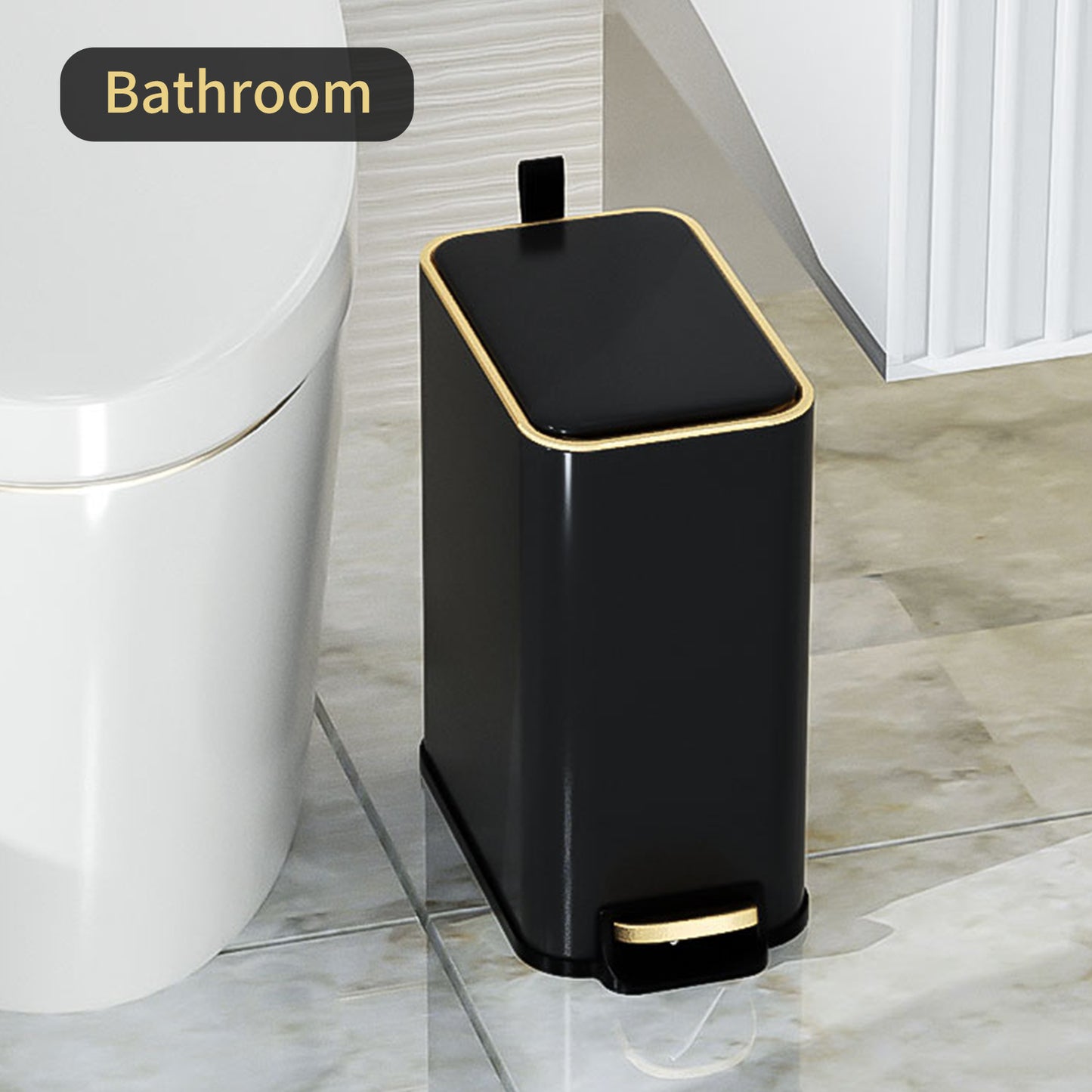 Mrbin Metal Bathroom Trash Can with Lid, Slim Office Waste Basket for Near Desk, 5L/1.3gal Small Touchless Bedroom Garbage Can with Foot Pedal, Black