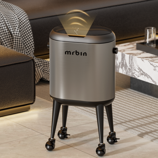 Stainless Steel Slim Bathroom Motion Sensor Trash Can with Lid and Wheels, 13L / 3.4gal Electric Touchless Toilet Waste Basket with Legs for Narrow Vanity, Rvs, Dorm, Kitchen, Eclipse Grey