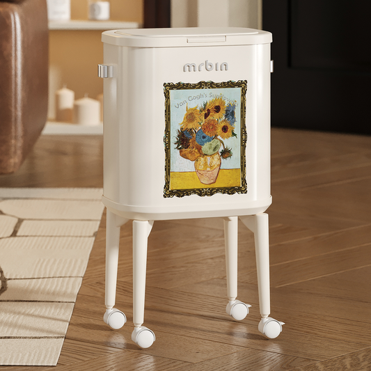 Metal Slim Bathroom Trash Can with Legs and Wheels, 15L / 4gal Toilet Press Lid Waste Basket, Covered Office Garbage Pail for Near Desk, Narrow Vanity, Rvs, Kitchen, Sunflower