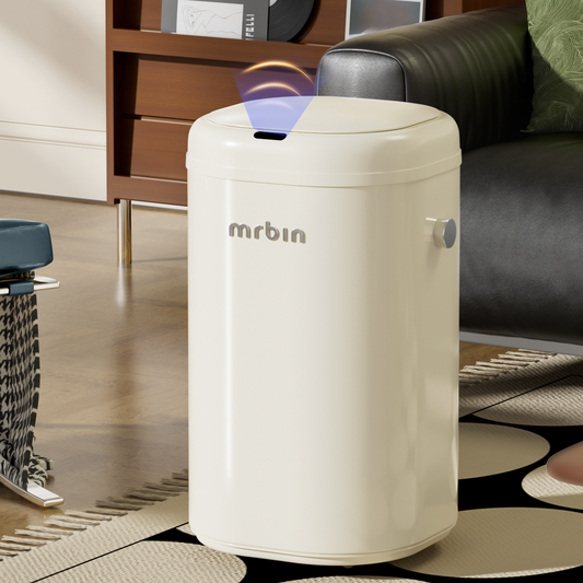 Adsorption Metal Kitchen Motion Sensor Trash Can Removable, 18L / 4.8gal Automatic Absorbing Bag Lidded Garbage Bin with Wheels, Commercial Waste Basket for Office and Bedroom, Bathroom, White