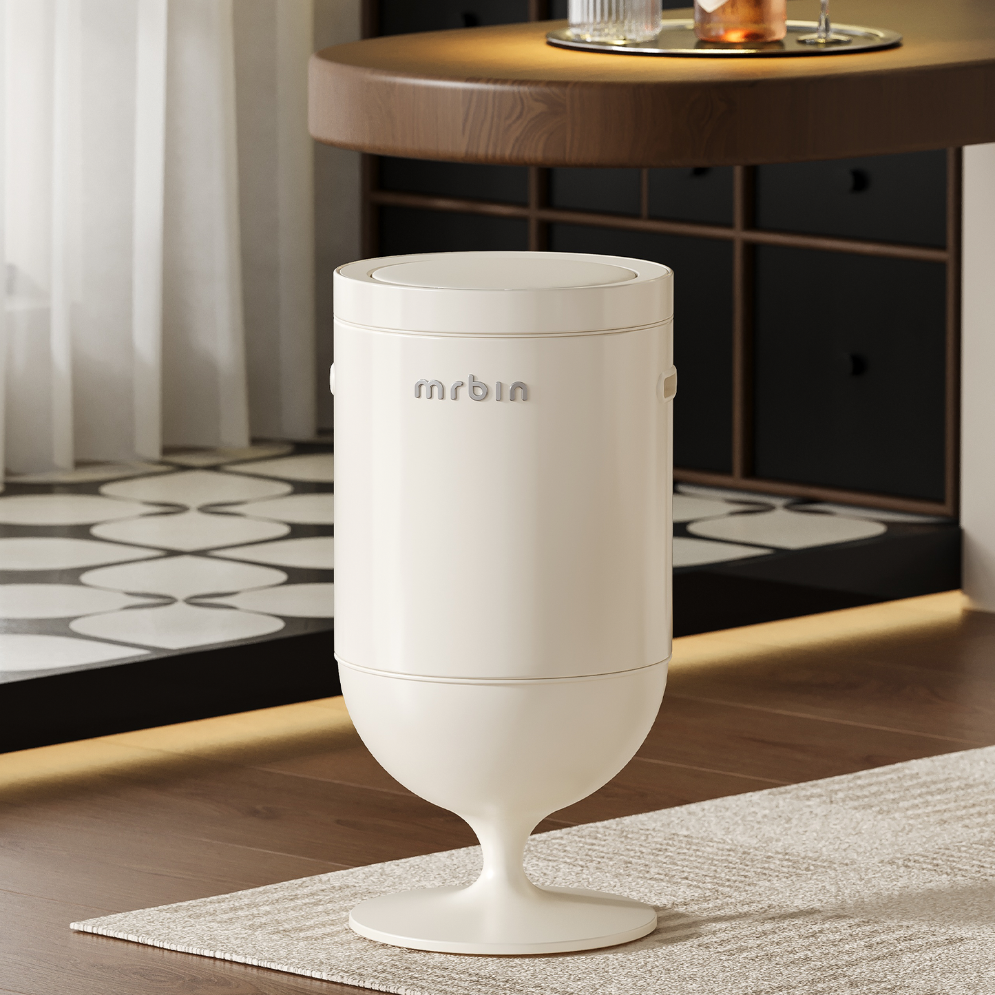 Metal Trash Can with Lid, 5.3 Gallons / 20L Medium Decorative Waste Basket, Round Tall Garbage with High Leg for Bathroom, Office, Bedroom, Kitchen, Cream White