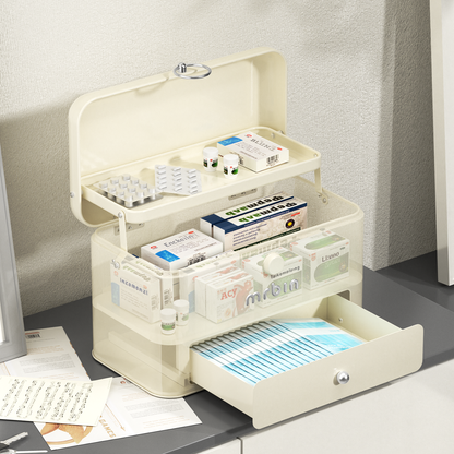 Metal 3-Tier Medicine Container Folding Waterproof Safe Boxes and Supply Storage Organizer Empty First Aid Kit for Home Portable Emergency Kit, Cream White